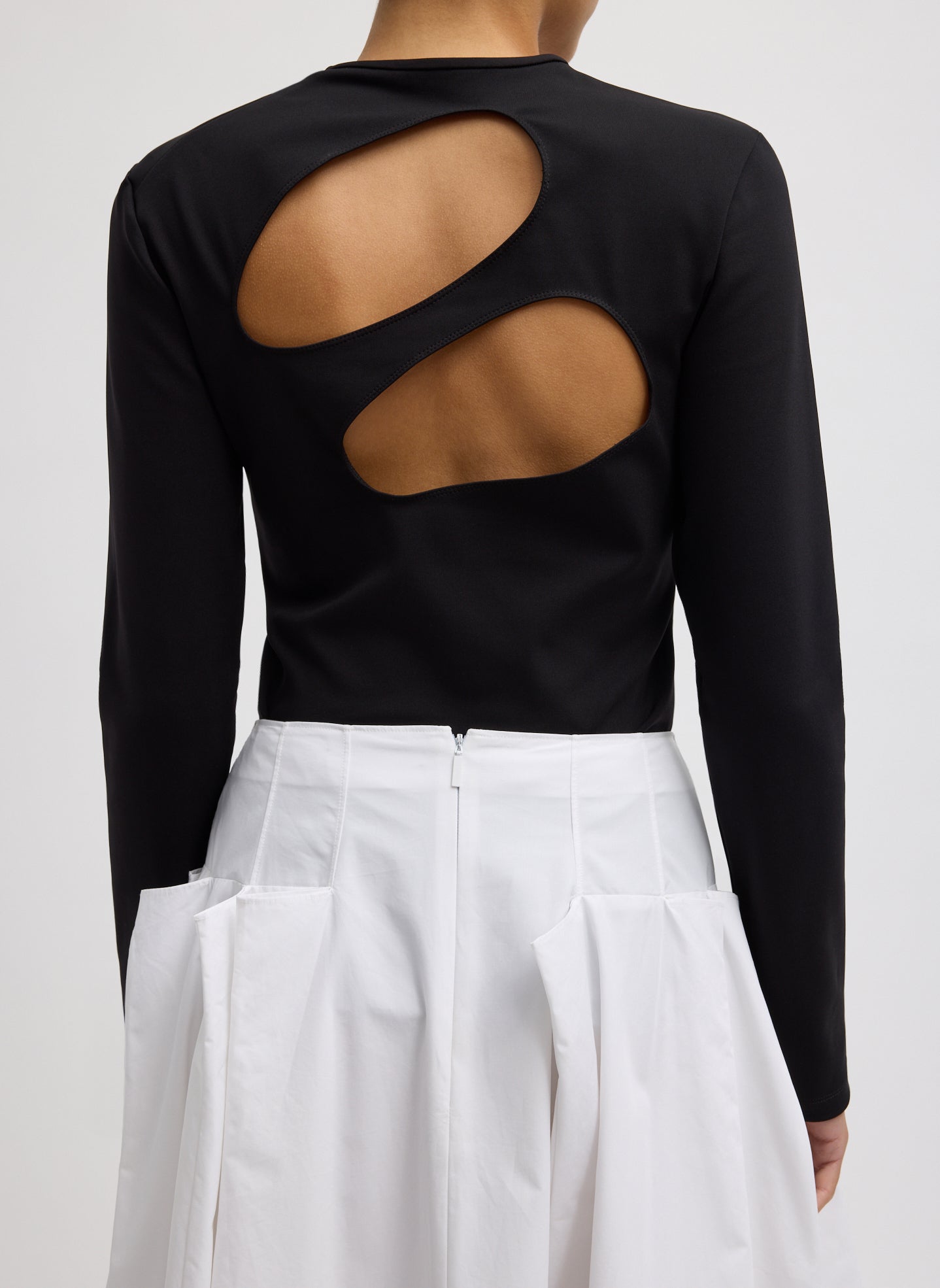 Black Compact Ultra Stretch Cut Out Back Top - long sleeve, back view on model