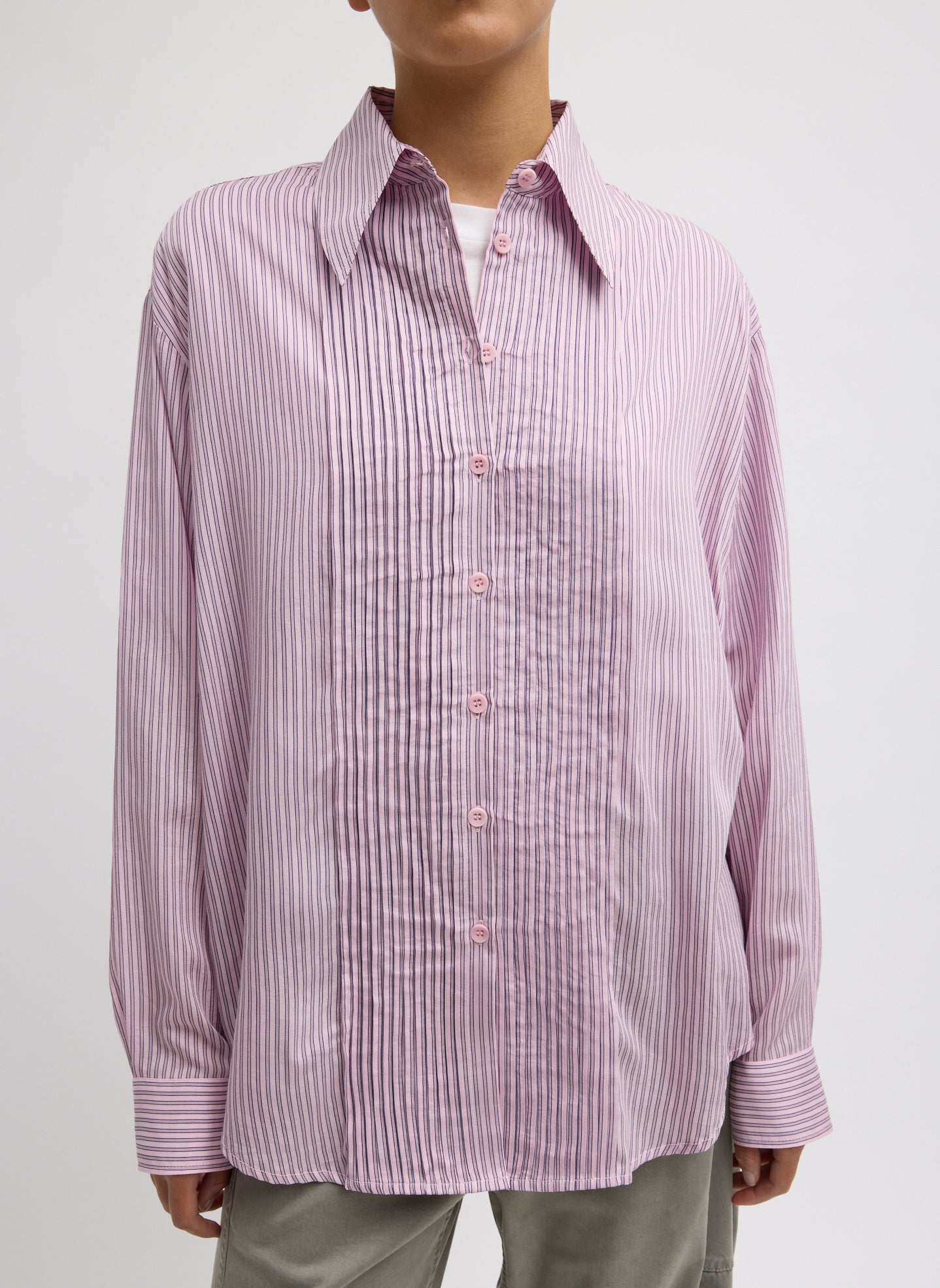 新品未使用タグ付き　今季　完売　stripe tunic shirt ピンク Ultra Light Silk Tencel Striped Pintucked Shirt – Tibi Official