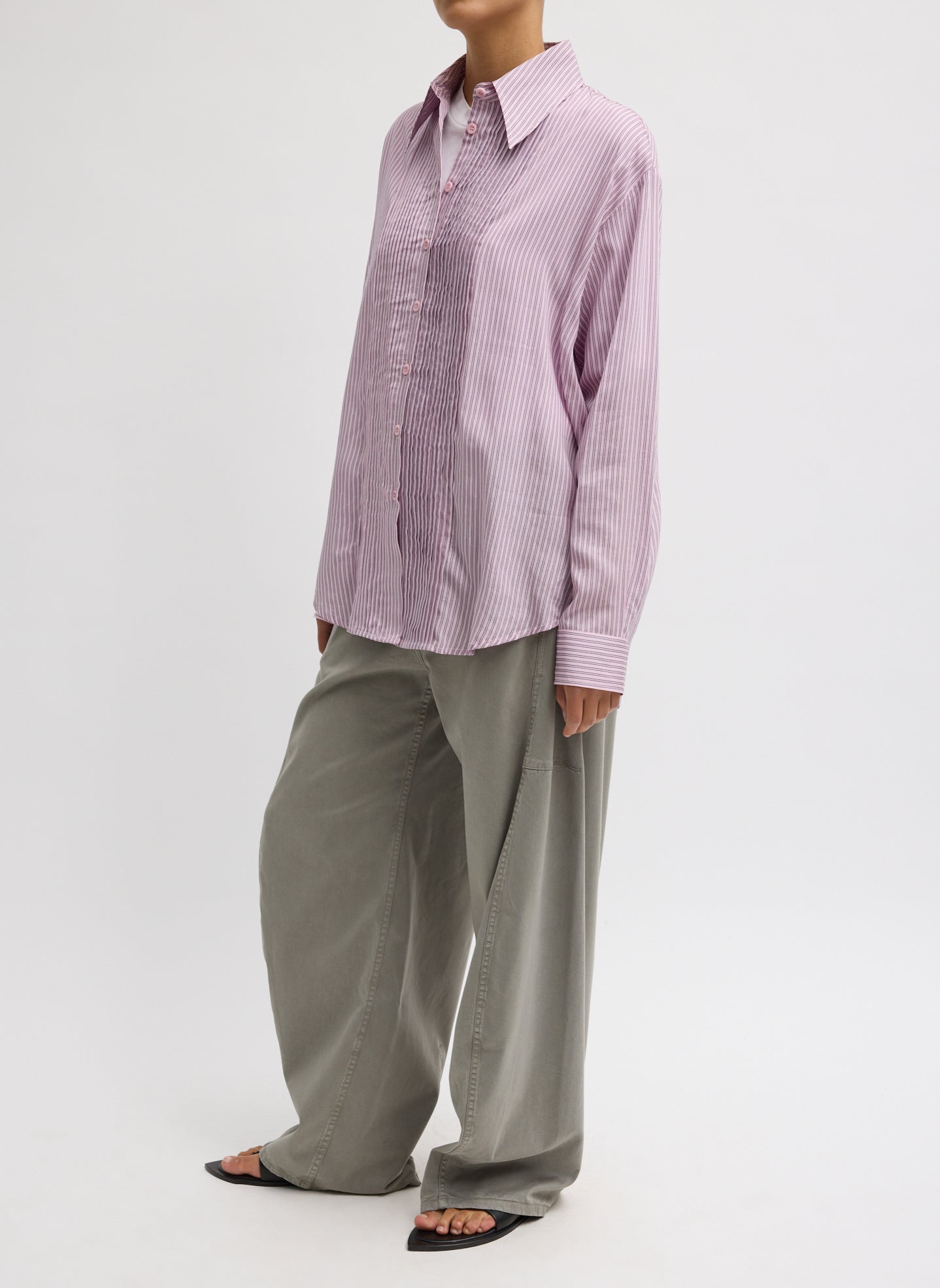 Ultra Light Silk Tencel Striped Pintucked Shirt - full look, front view on model