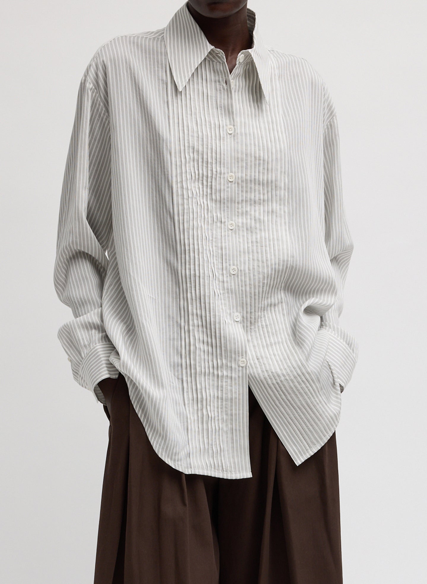 Ultra Light Silk Tencel Striped Pintucked Shirt - front view on model