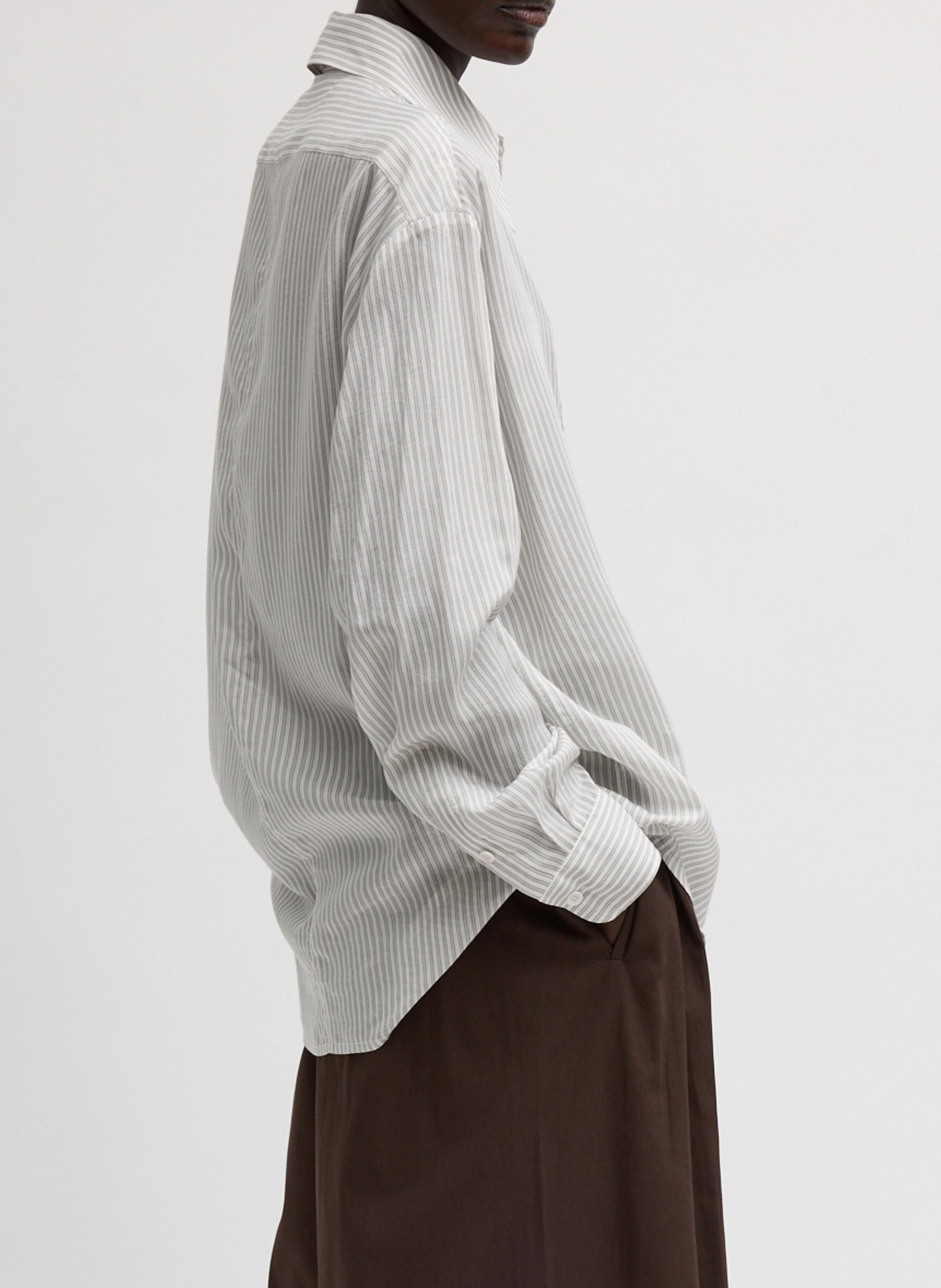 Ultra Light Silk Tencel Striped Pintucked Shirt - side view on model