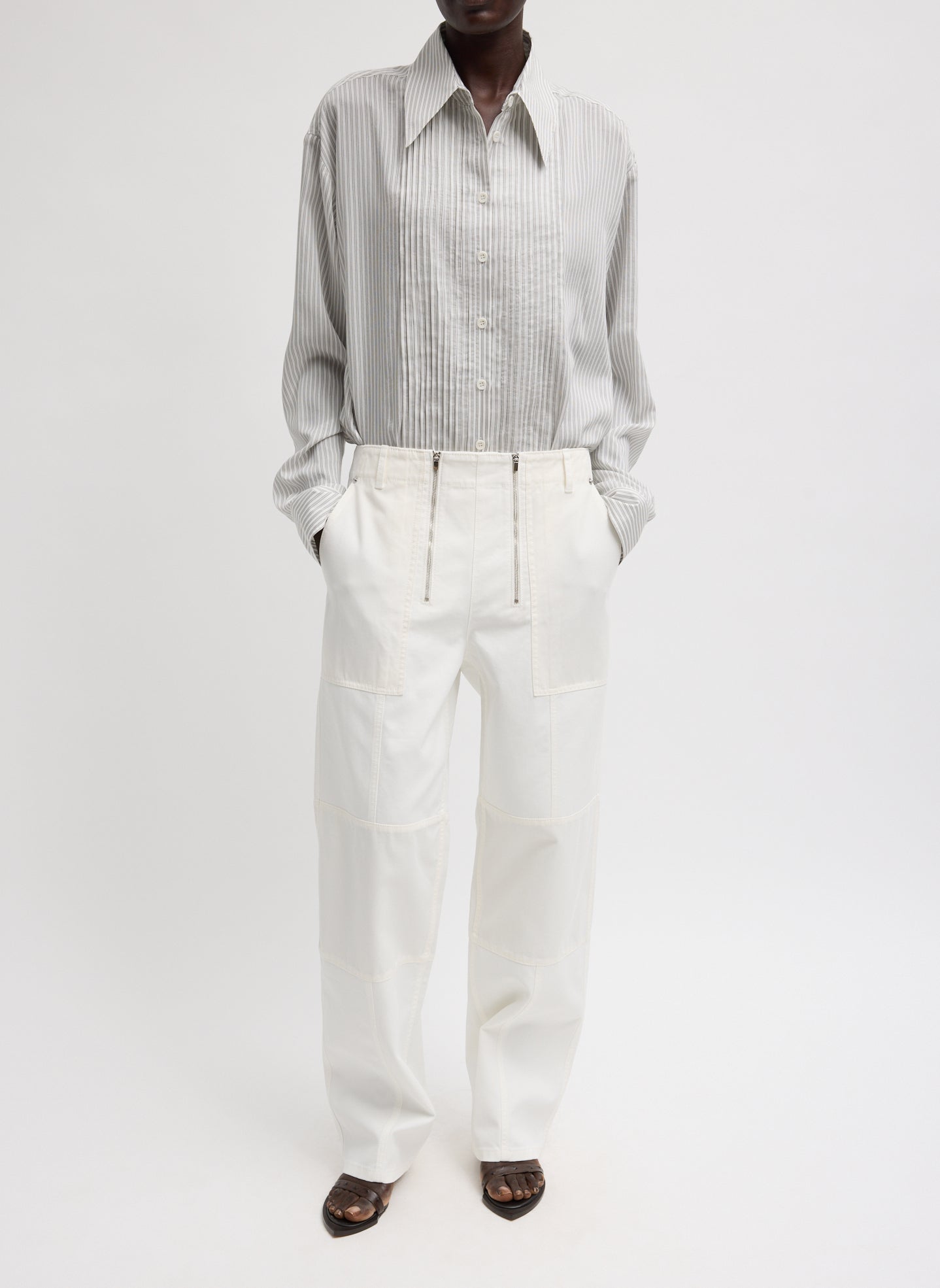 Ultra Light Silk Tencel Striped Pintucked Shirt - full look, front view on model