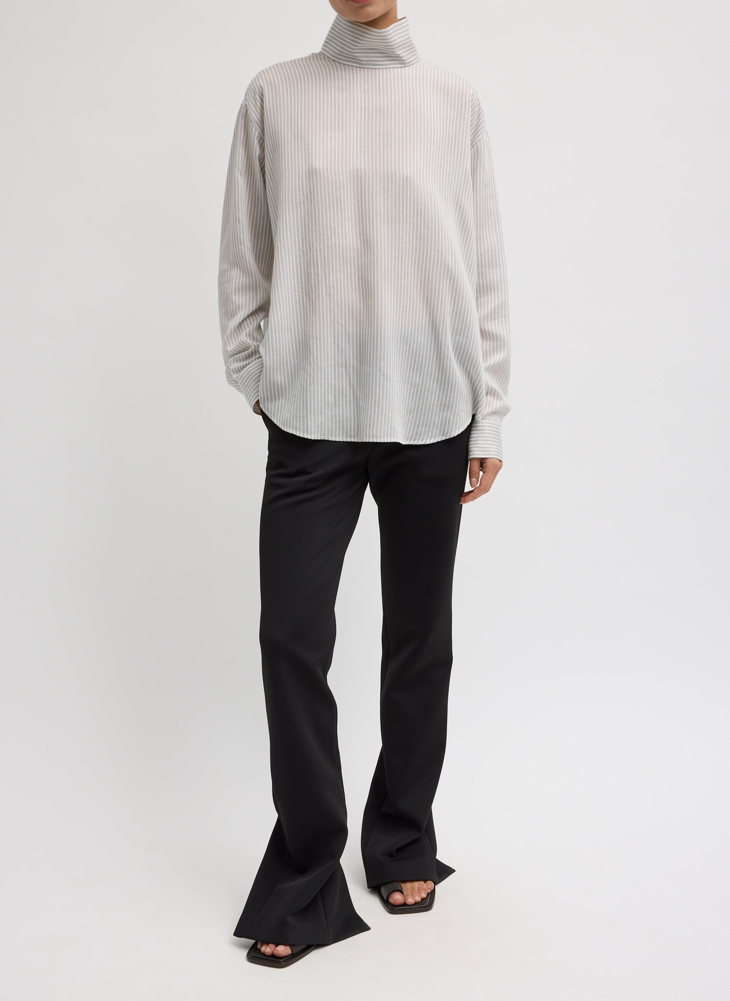 Ultra Light Silk Tencel Striped Funnel Neck Shirt - full look, front view on model