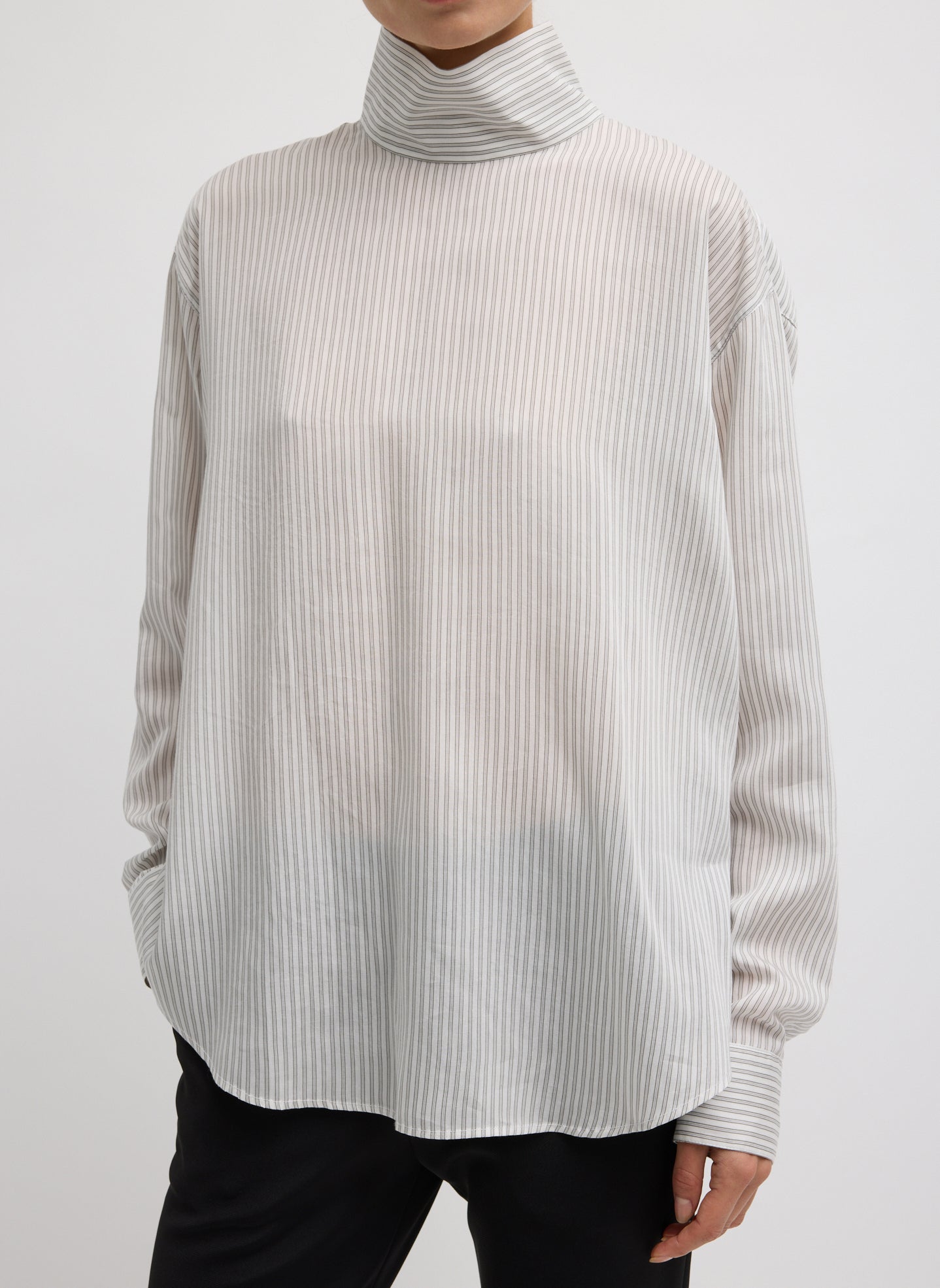 Ultra Light Silk Tencel Striped Funnel Neck Shirt - long sleeve, front view on model