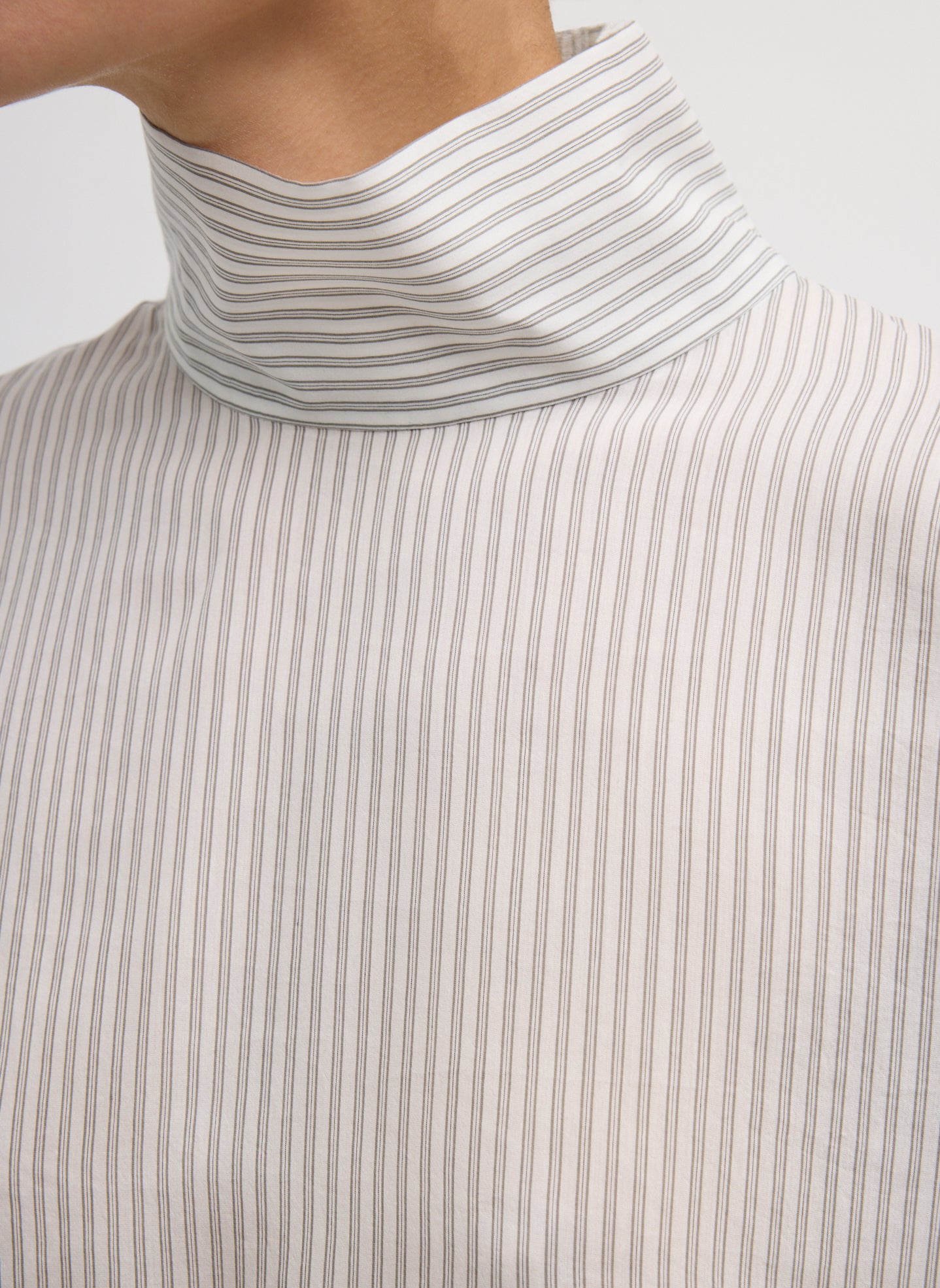 Ultra Light Silk Tencel Striped Funnel Neck Shirt - closeup of funnel neck