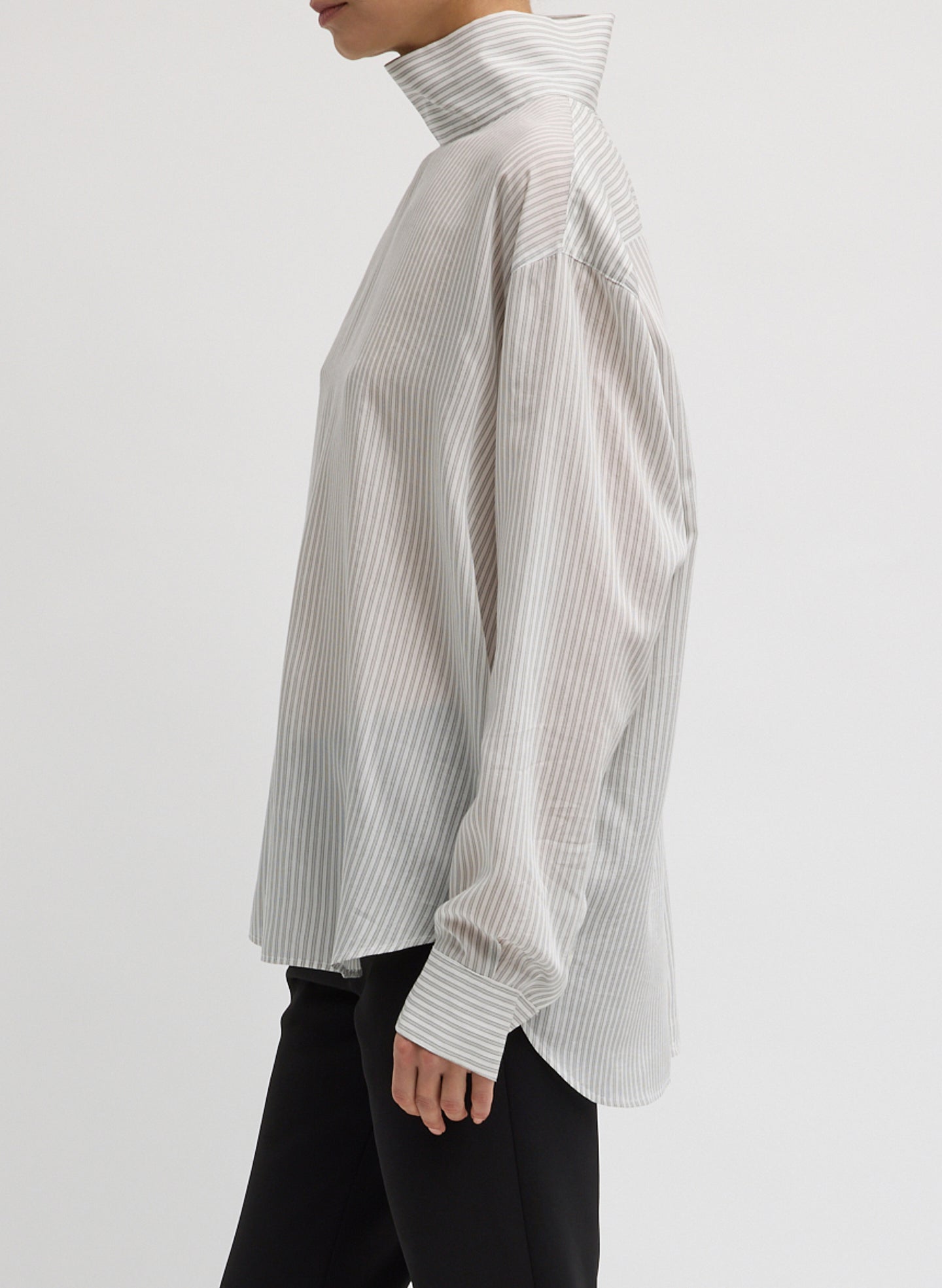 Ultra Light Silk Tencel Striped Funnel Neck Shirt - long sleeve, side view on model