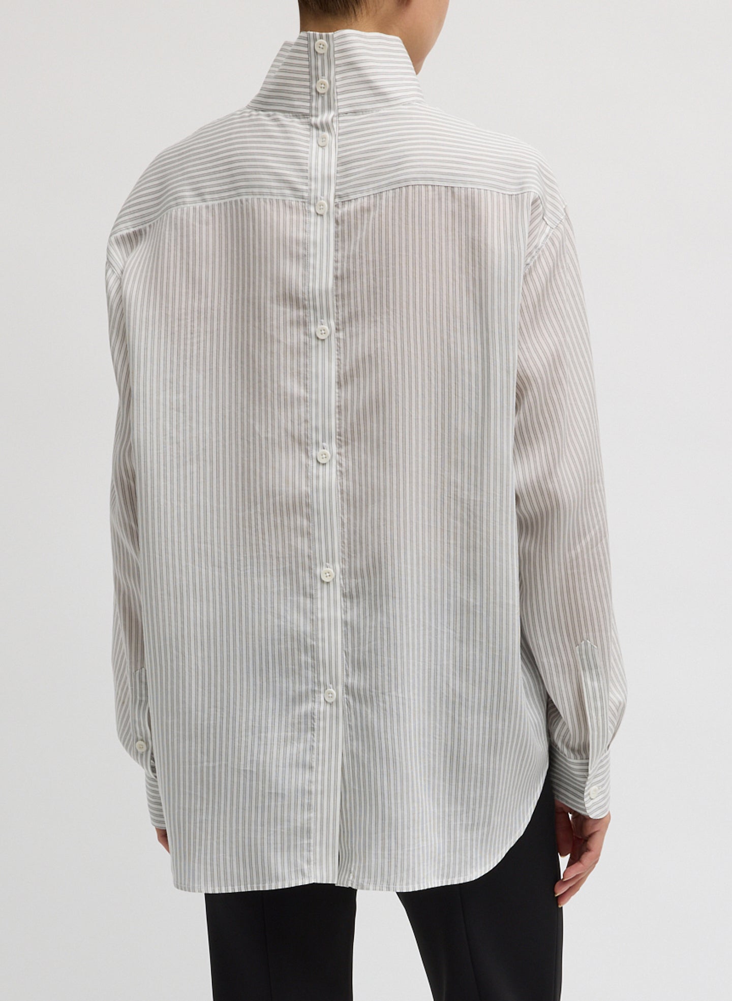 Ultra Light Silk Tencel Striped Funnel Neck Shirt - long sleeve, back view on model