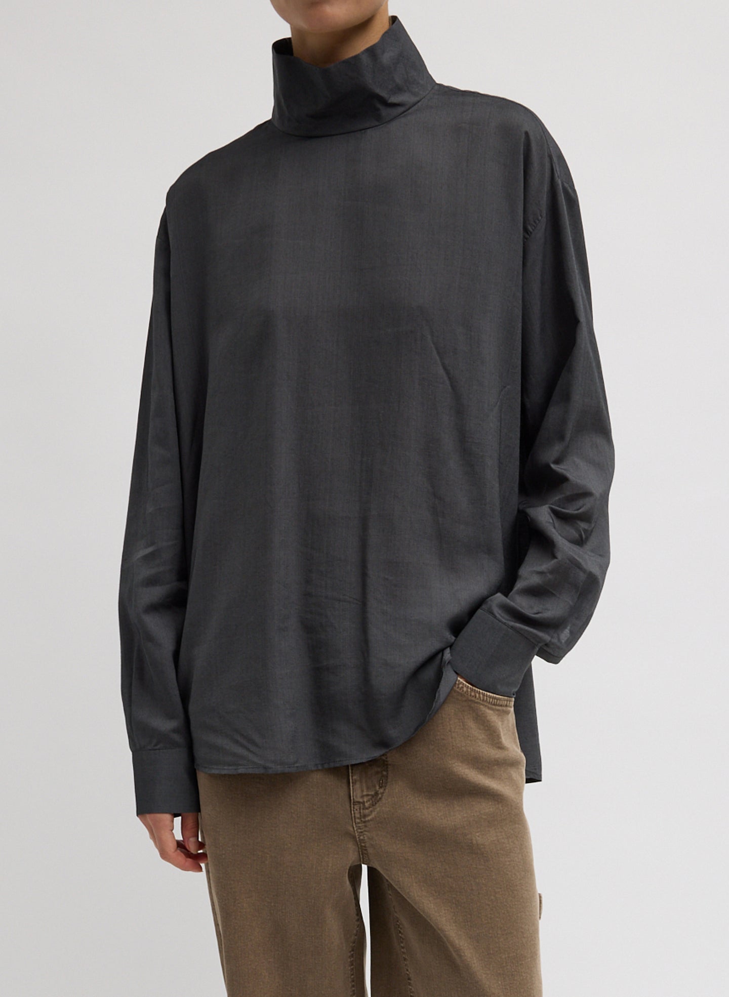Black Ultra Light Silk Tencel Funnel Neck Shirt - front view on model