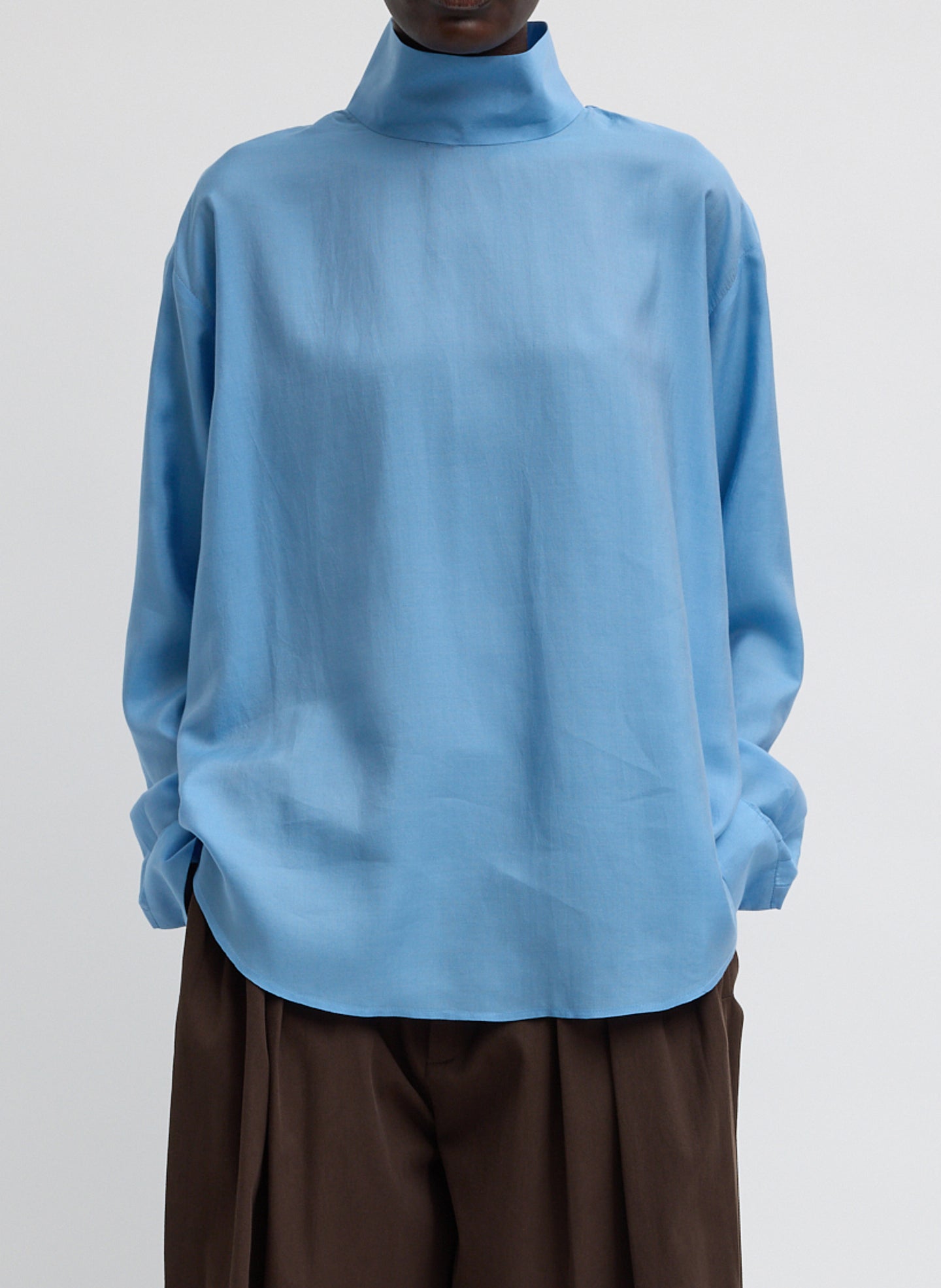 Blue Ultra Light Silk Tencel Funnel Neck Shirt - front view on model