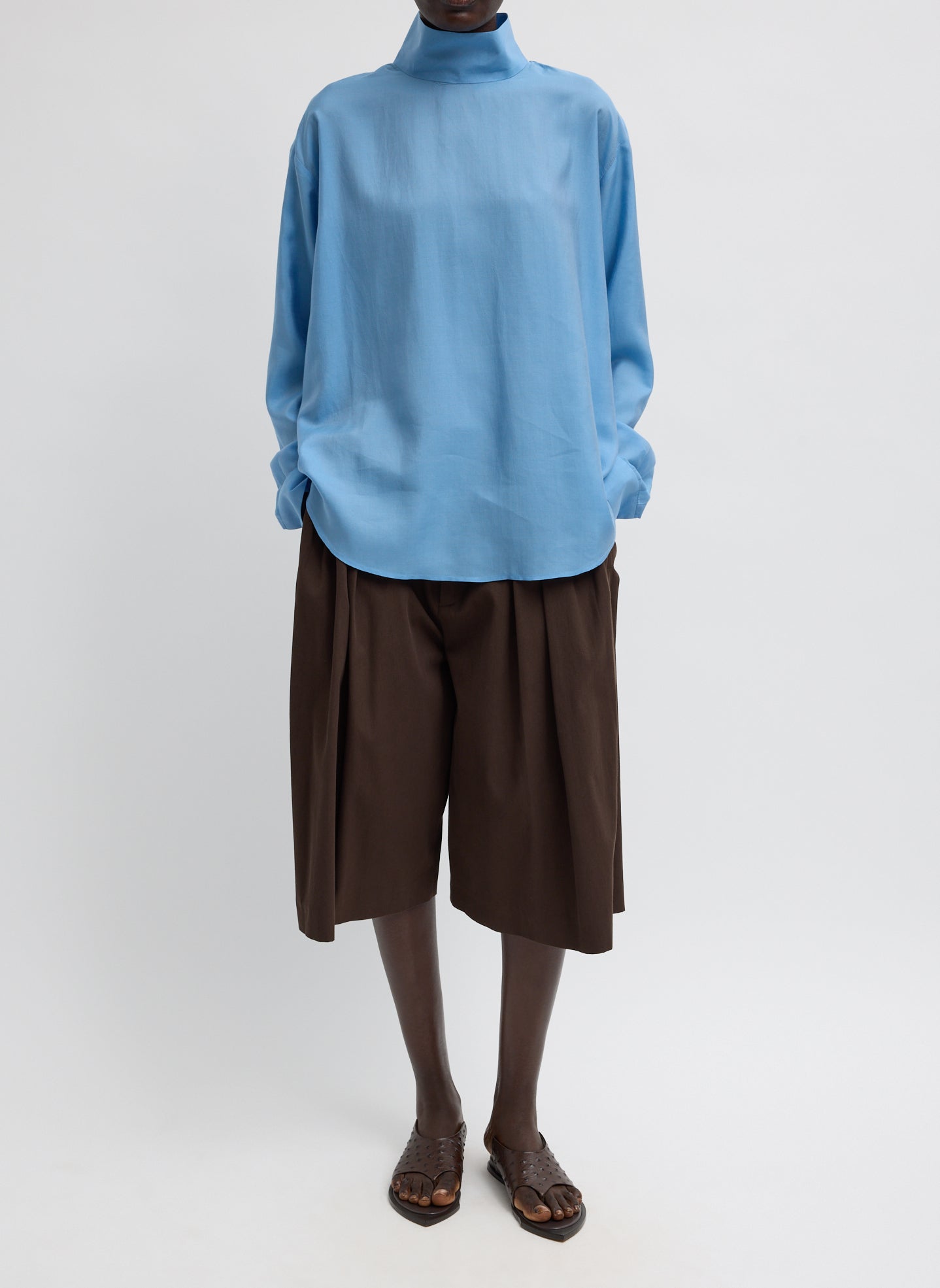 Blue Ultra Light Silk Tencel Funnel Neck Shirt - full look, front view on model