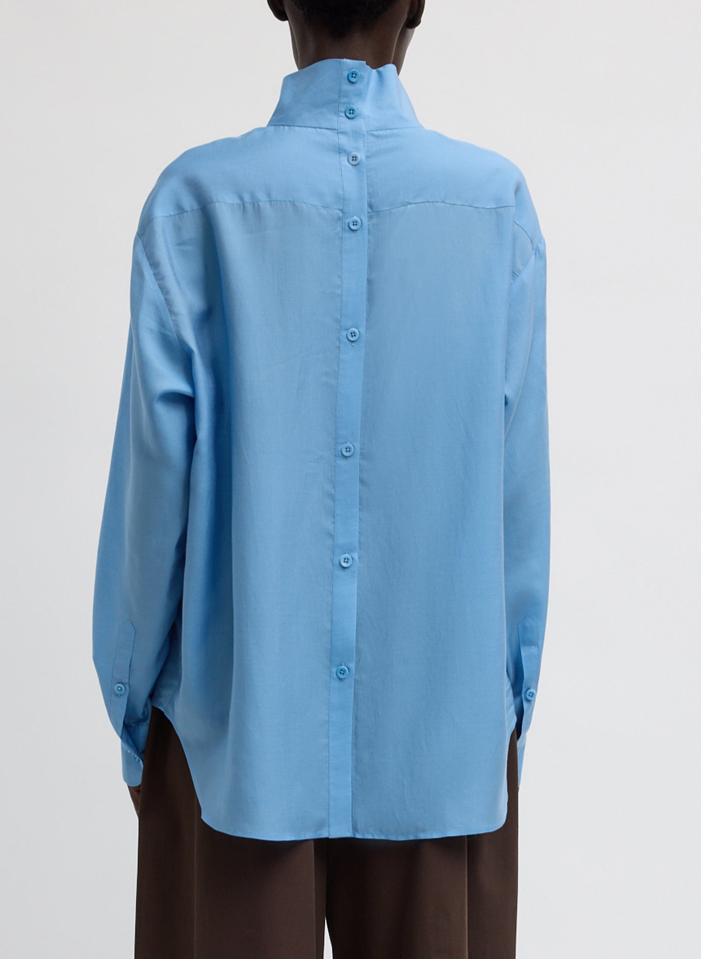 Blue Ultra Light Silk Tencel Funnel Neck Shirt - back view on model
