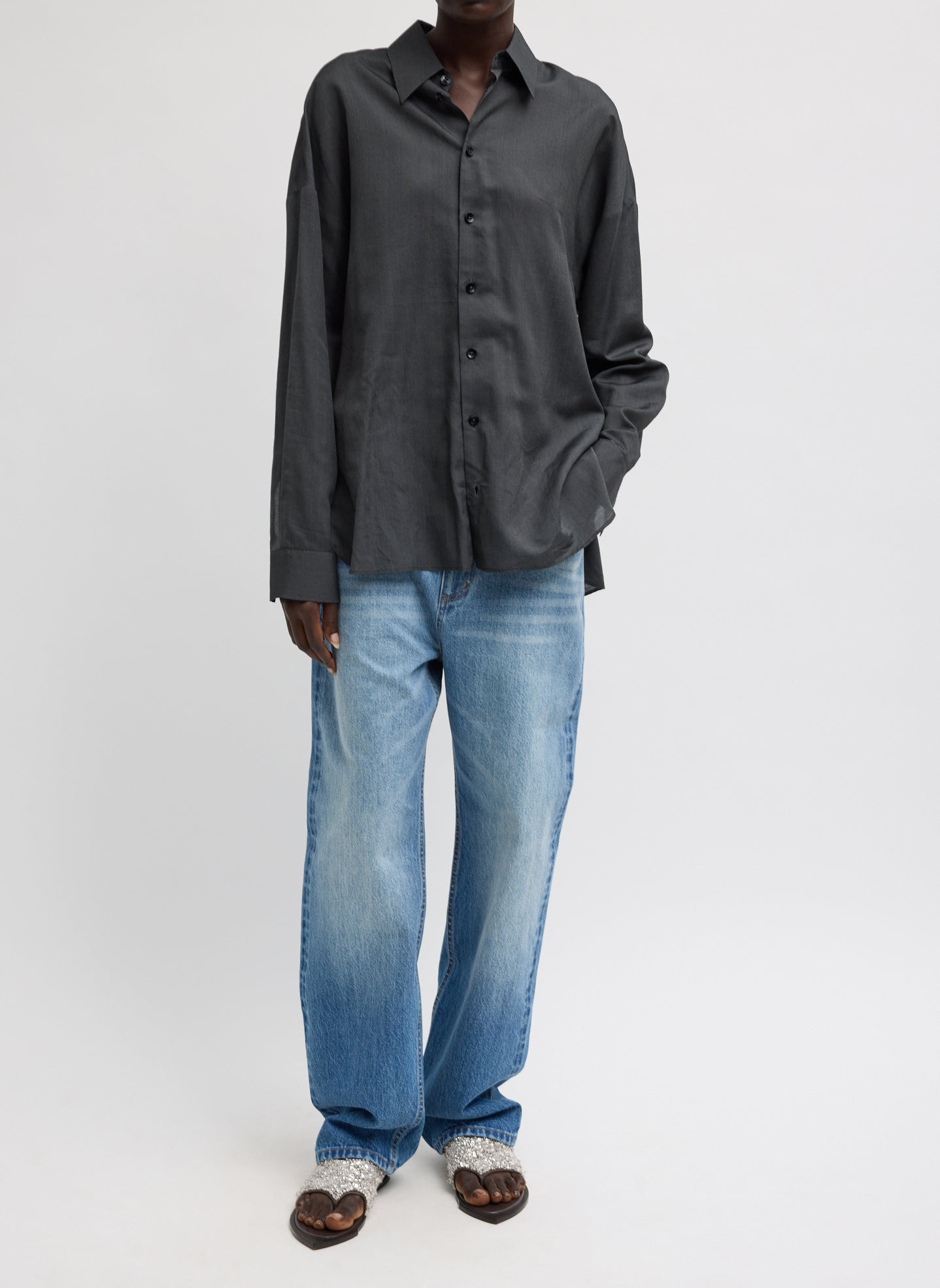 Black Ultra Light Silk Tencel Oversized Shirt - full look, front view on model