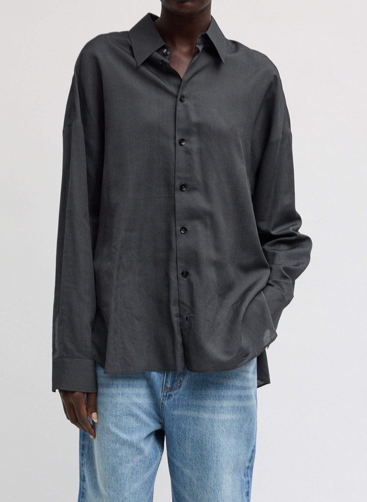 Black Ultra Light Silk Tencel Oversized Shirt - long sleeve button down, front view on model