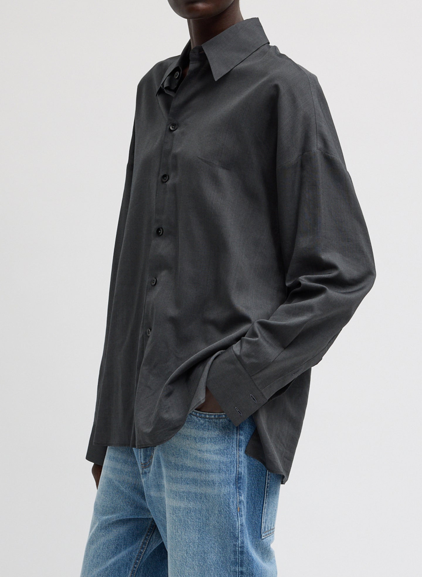 Black Ultra Light Silk Tencel Oversized Shirt - long sleeve button down, side view on model