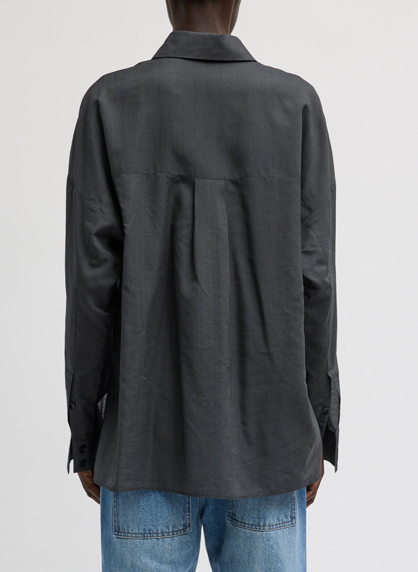 Black Ultra Light Silk Tencel Oversized Shirt - long sleeve button down, back view on model