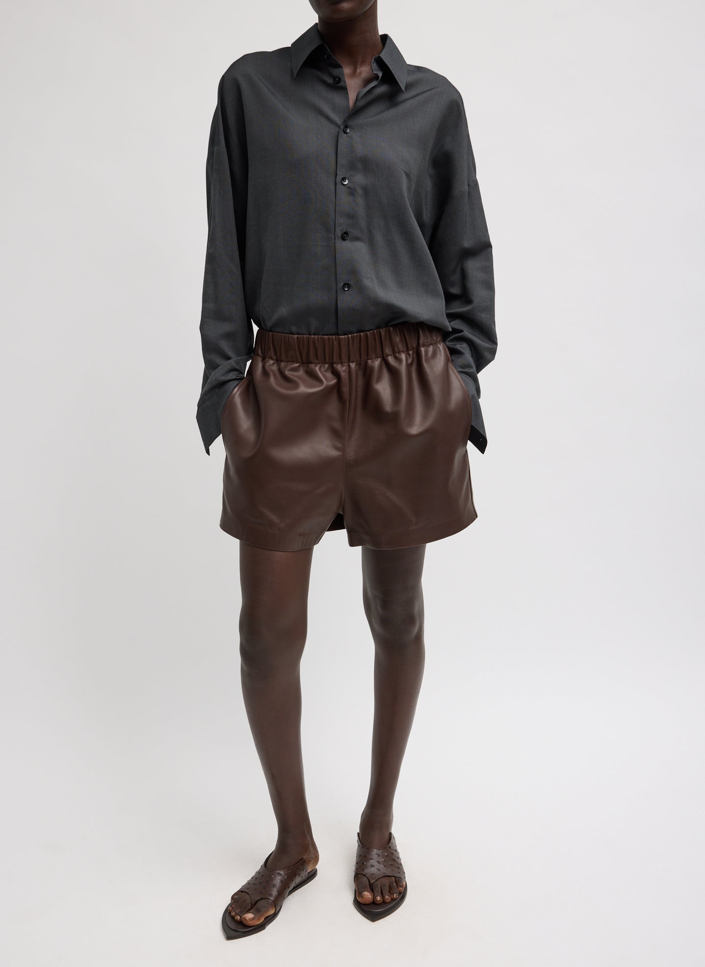 Black Ultra Light Silk Tencel Oversized Shirt - full look, front view on model