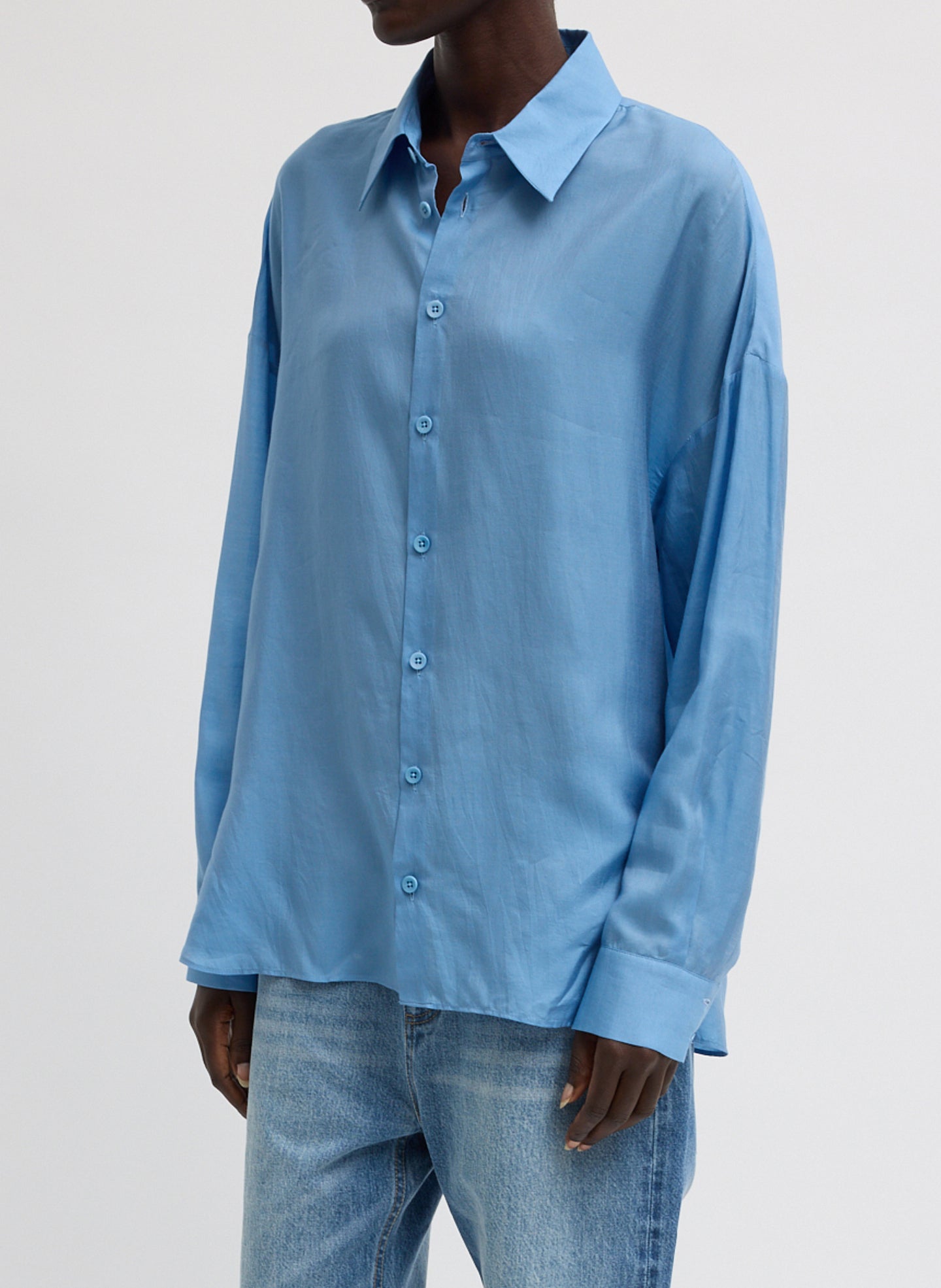Blue Ultra Light Silk Tencel Oversized Shirt - long sleeve button down, front view on model