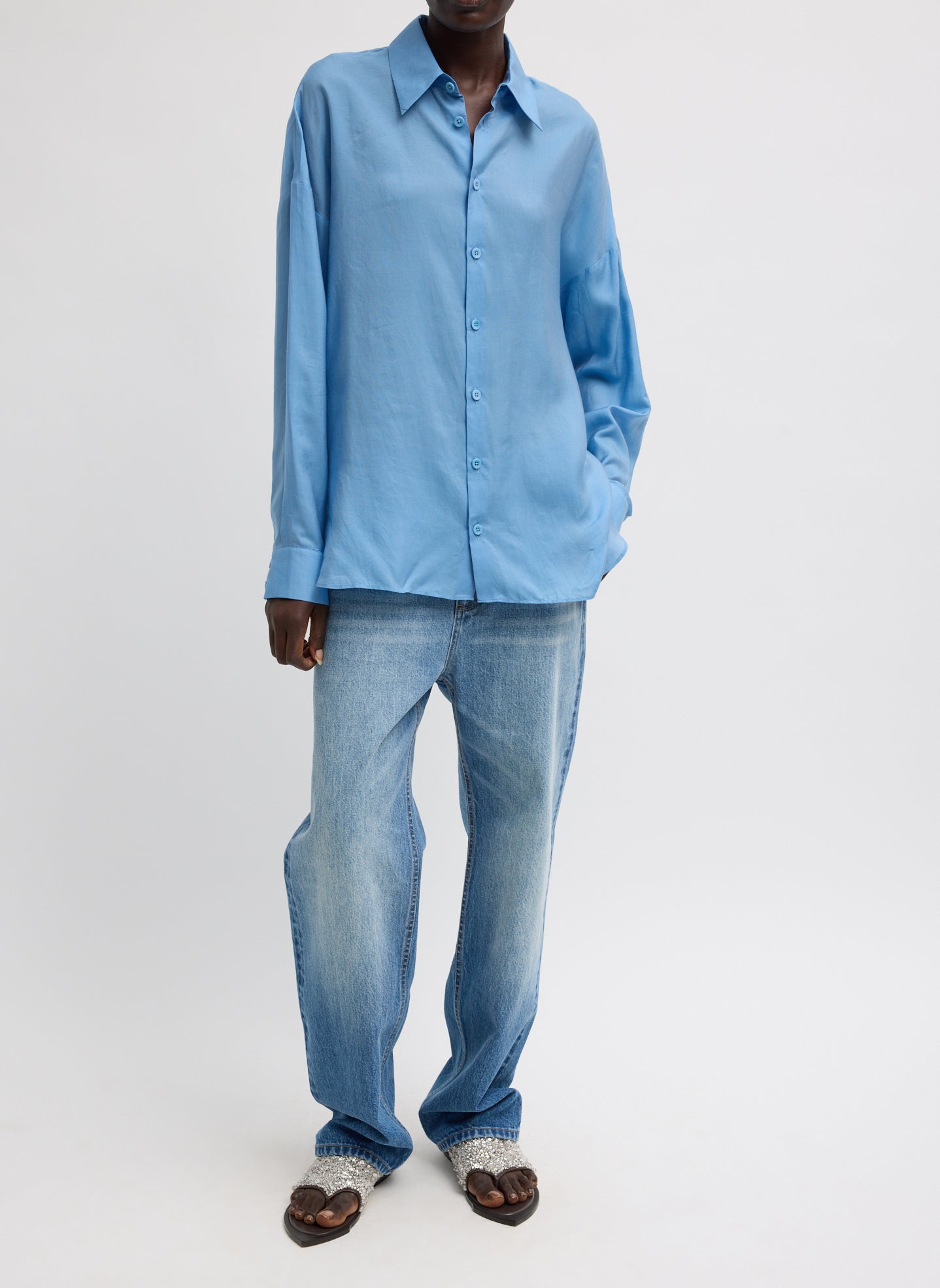 Blue Ultra Light Silk Tencel Oversized Shirt - full look, front view on model