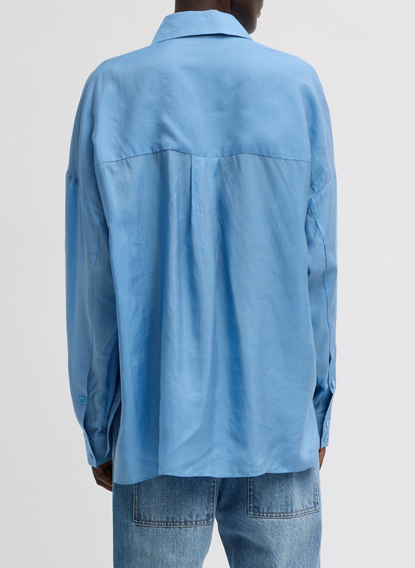 Blue Ultra Light Silk Tencel Oversized Shirt - long sleeve button down, back view on model