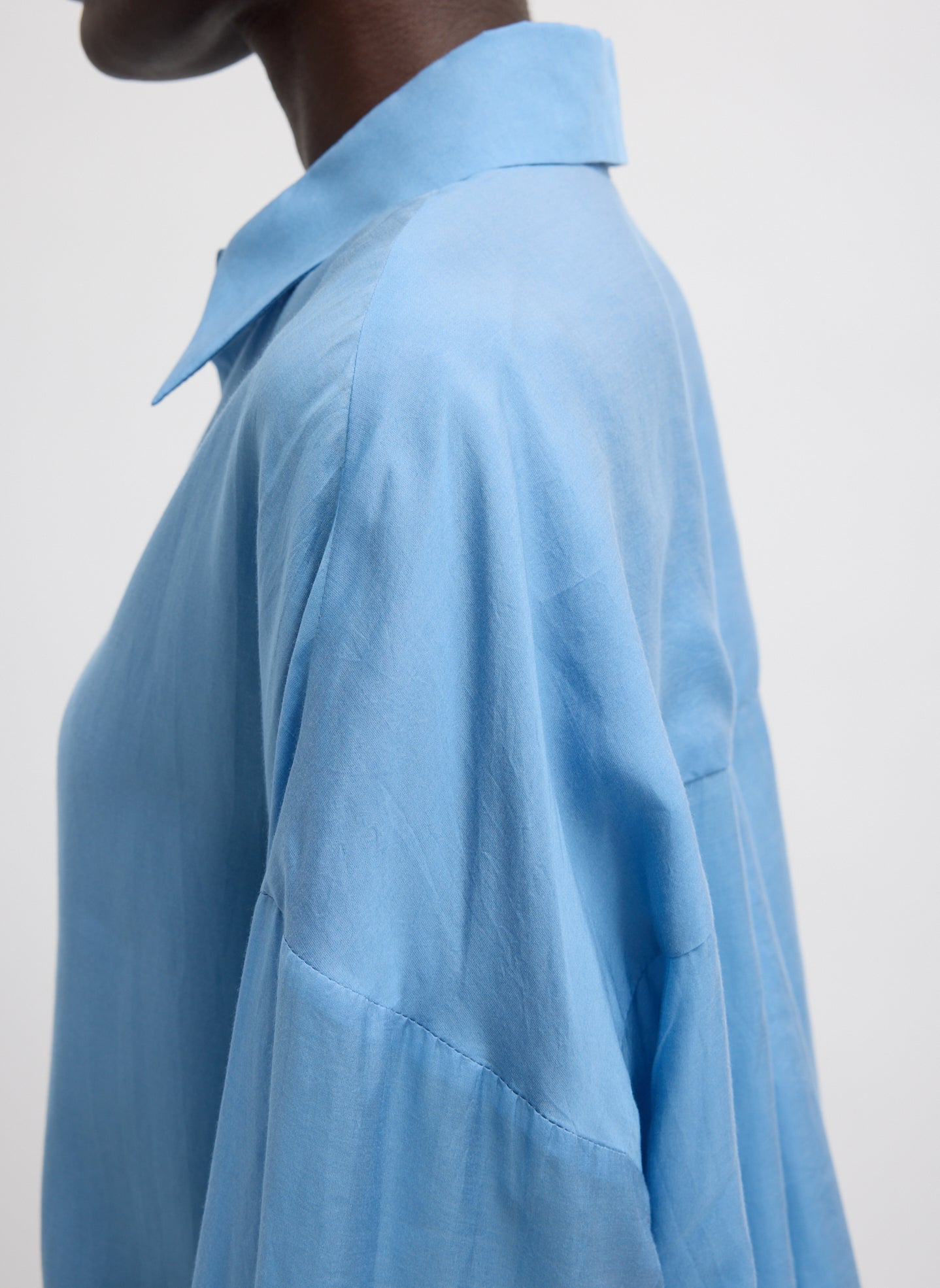 Blue Ultra Light Silk Tencel Oversized Shirt - closeup of sleeve detail
