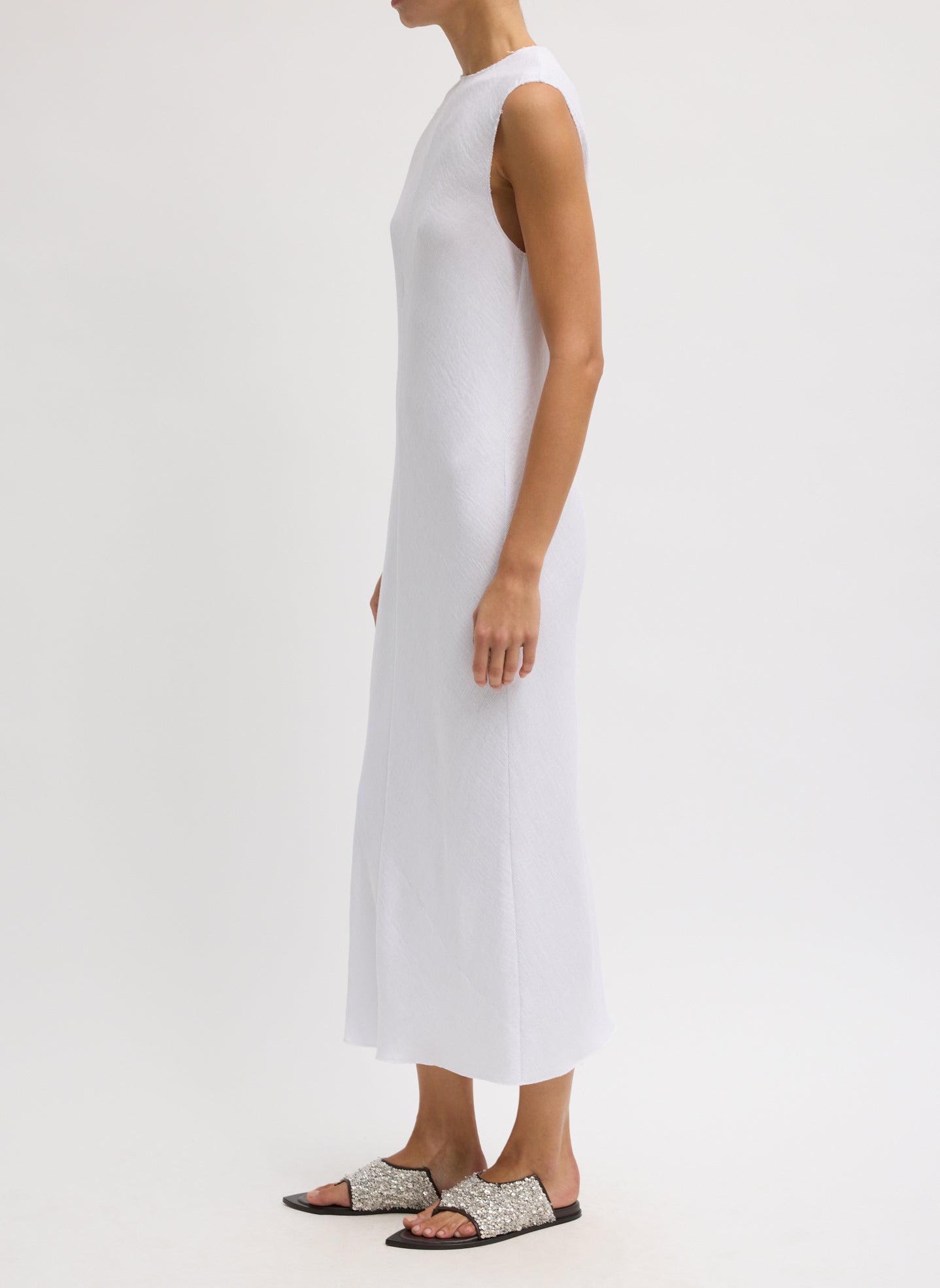 Viscose Plisse Sleeveless Bias Dress - side view on model