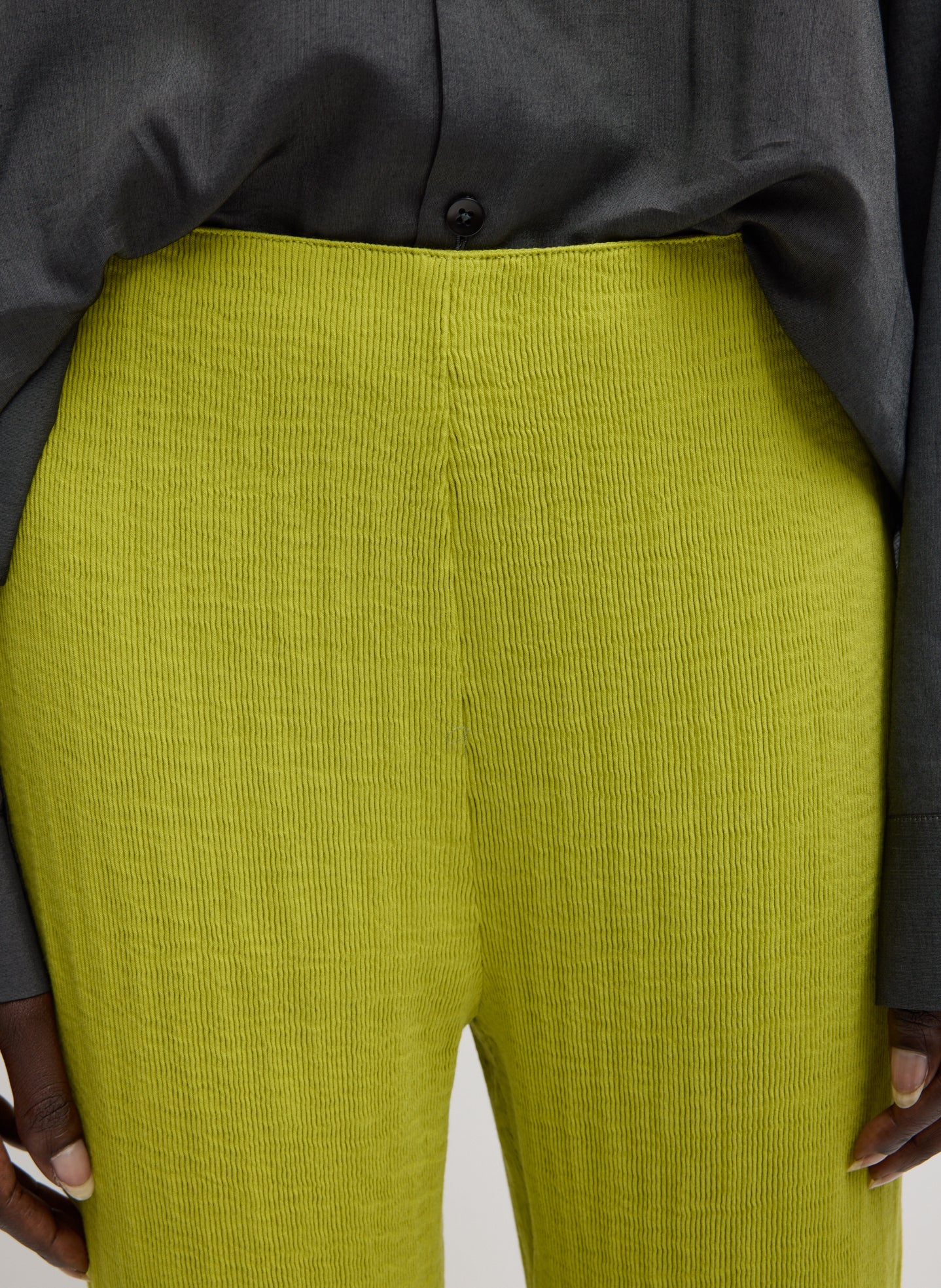 Chartreuse Viscose Plisse Corbit Pant - closeup of plisse fabric
