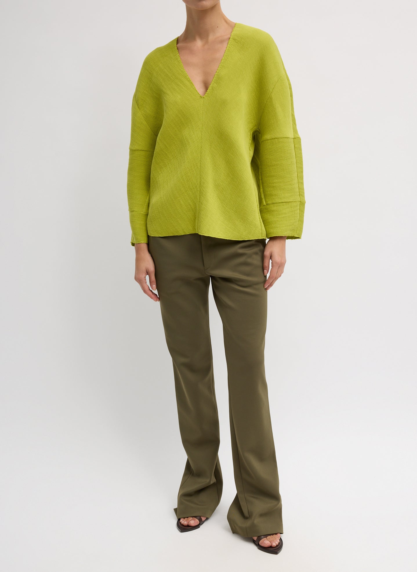 Chartreuse Viscose Plisse Hinged Long Sleeve Top - full look, front view on model
