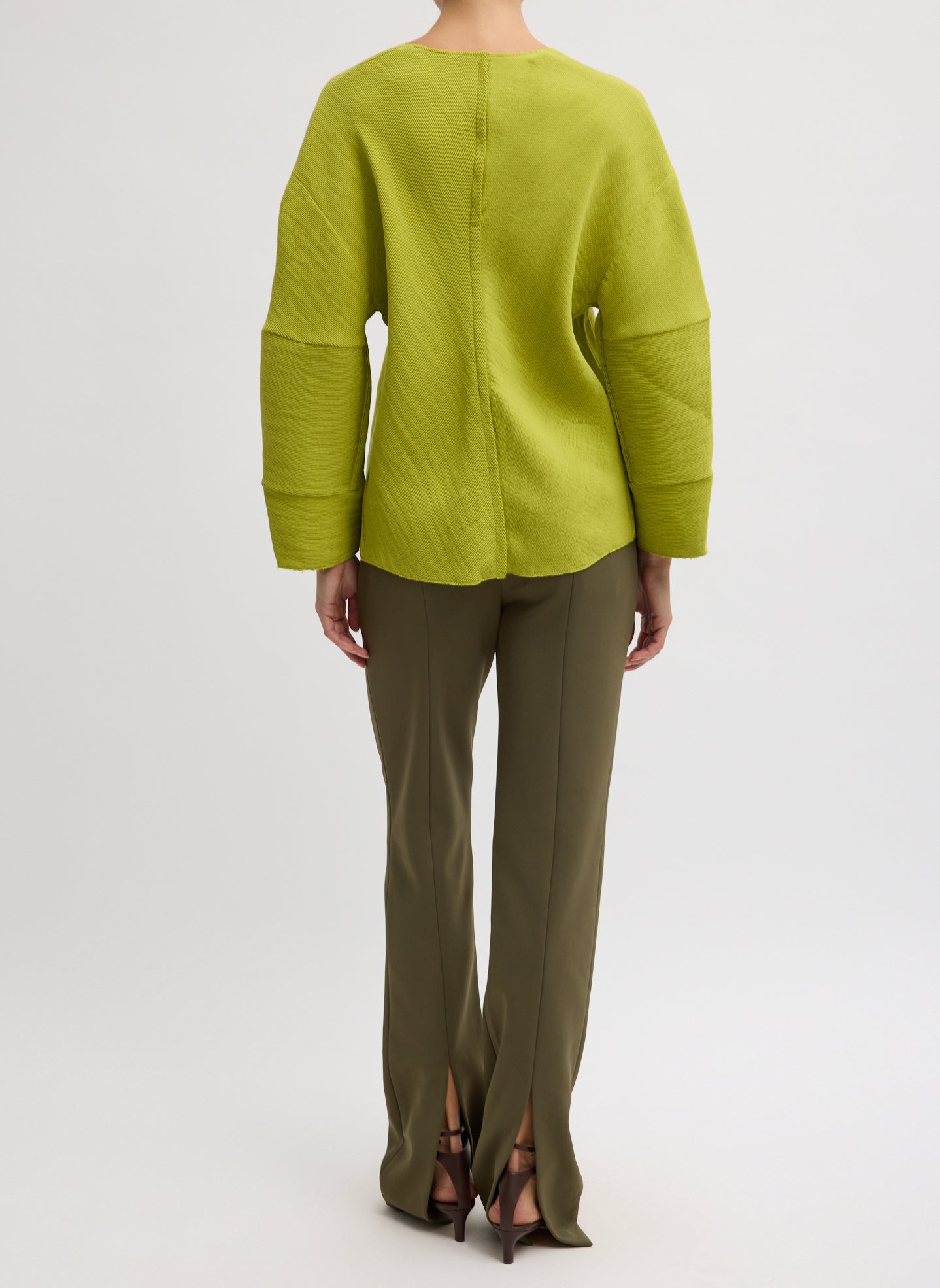 Chartreuse Viscose Plisse Hinged Long Sleeve Top - full look, back view on model
