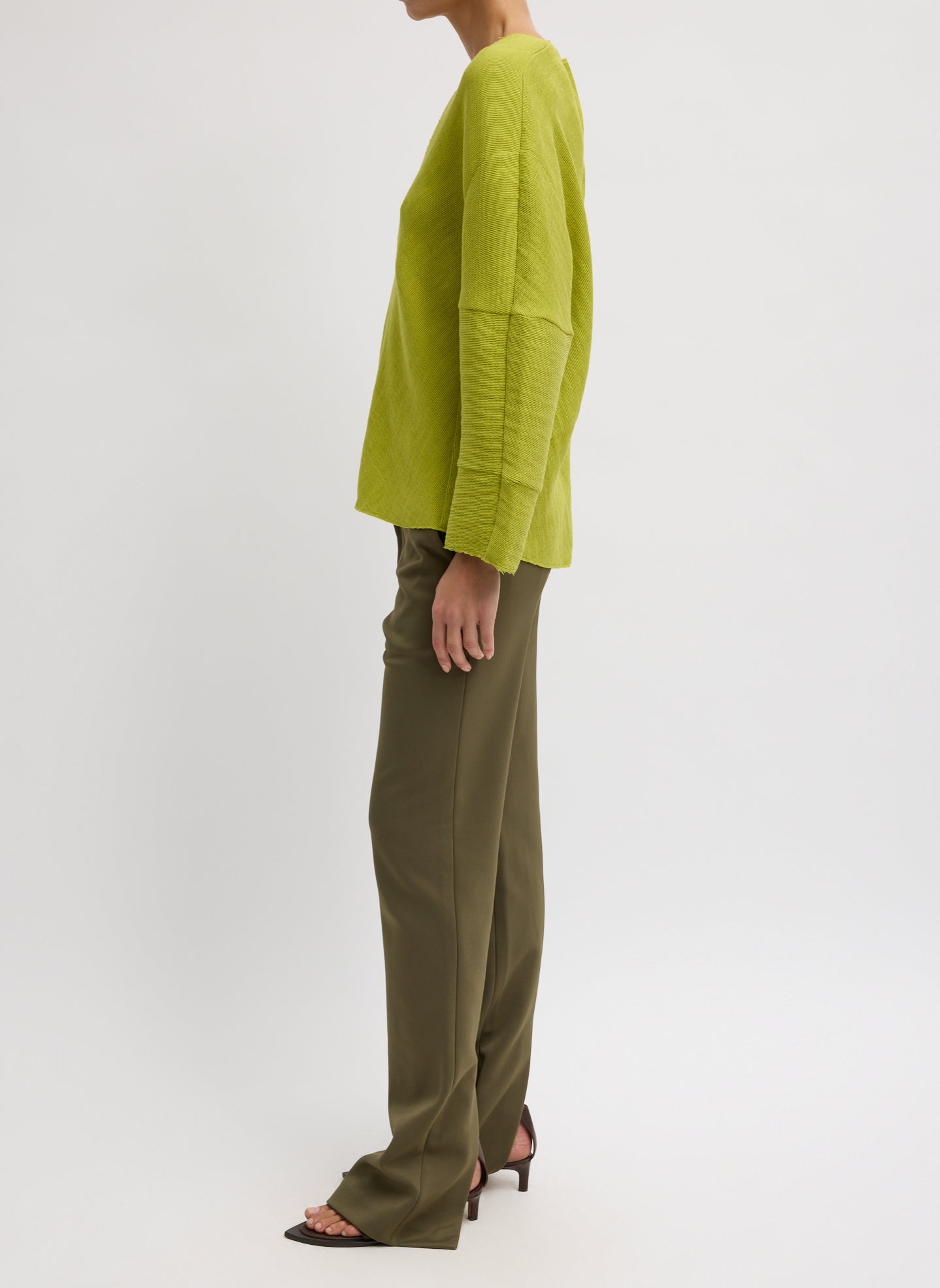 Chartreuse Viscose Plisse Hinged Long Sleeve Top - full look, side view on model