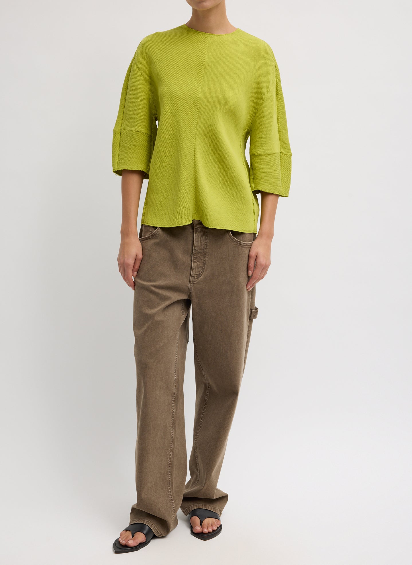 Chartreuse Viscose Plisse Hinged Short Sleeve Top - full look, front view on model