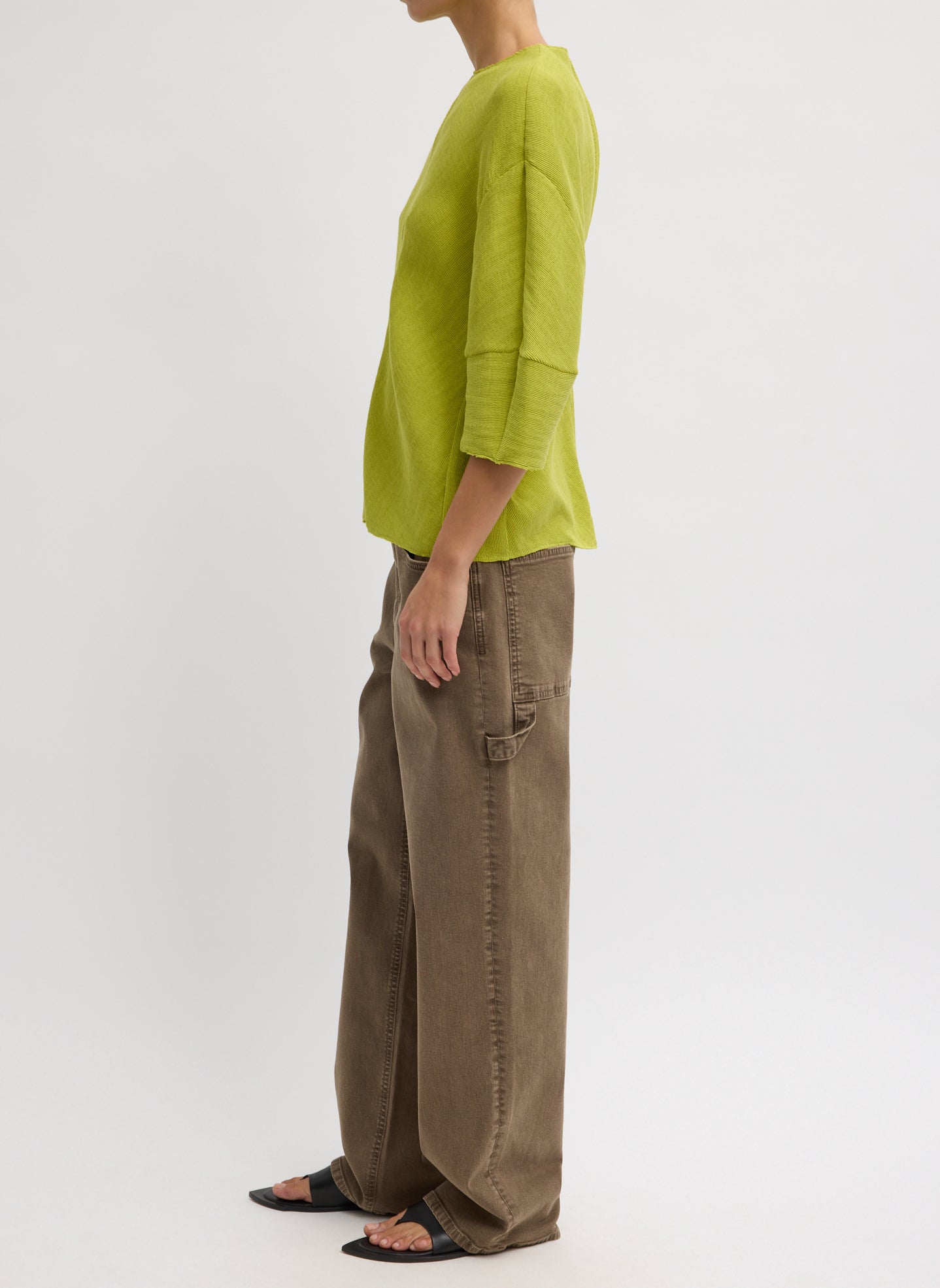 Chartreuse Viscose Plisse Hinged Short Sleeve Top - full look, side view on model