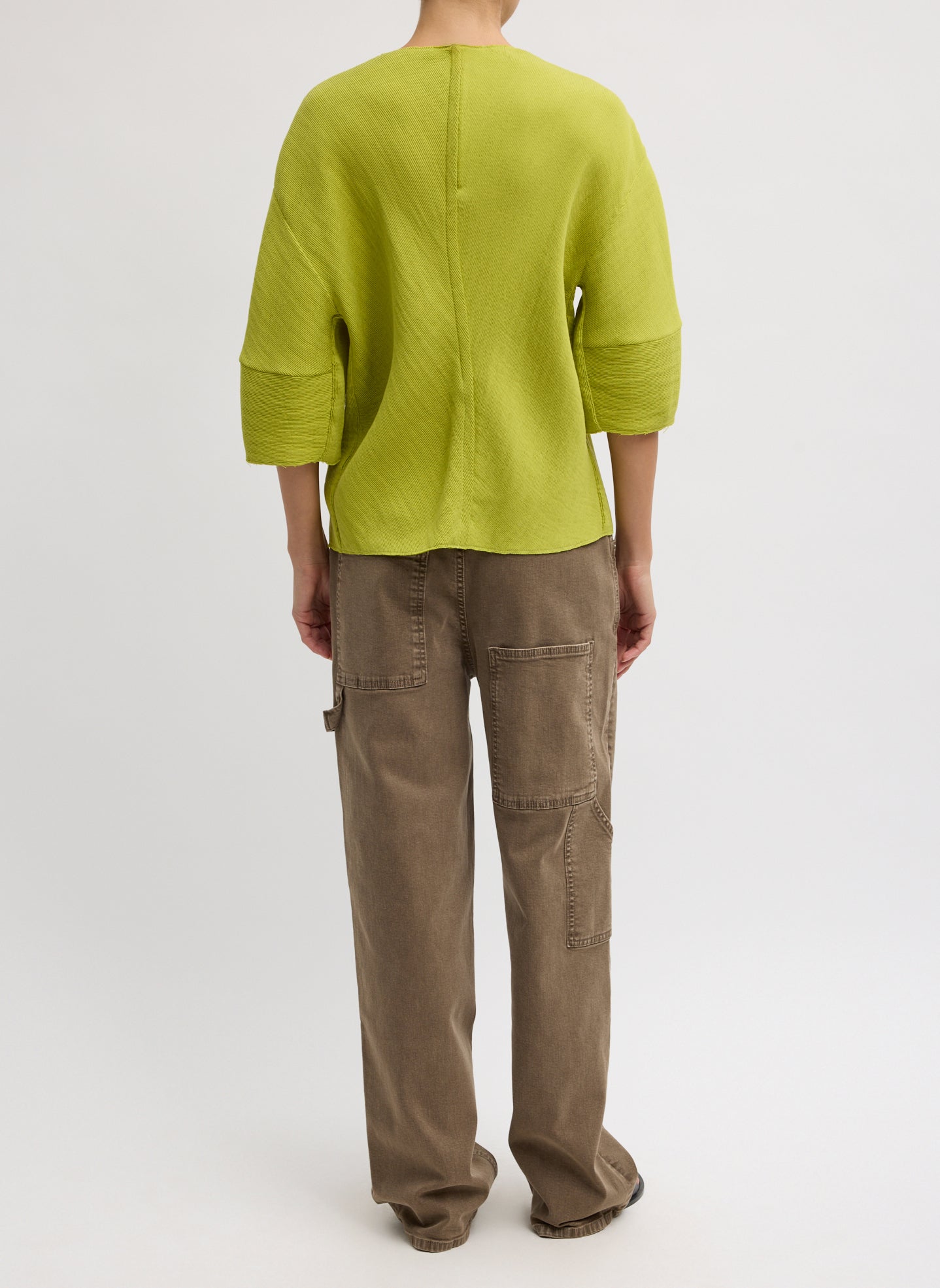 Chartreuse Viscose Plisse Hinged Short Sleeve Top - full look, back view on model