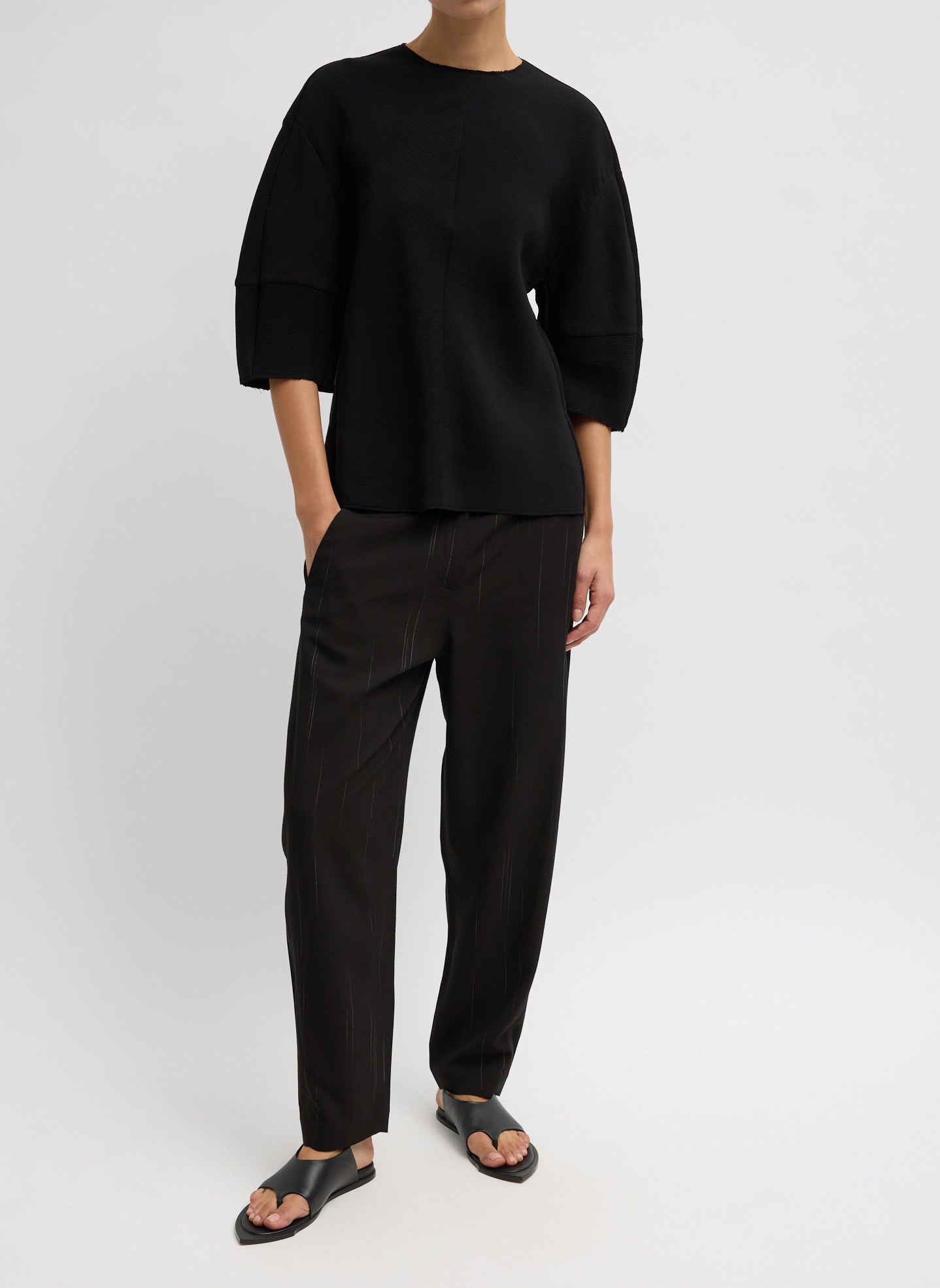 Black Viscose Plisse Hinged Short Sleeve Top - full look, front view on model