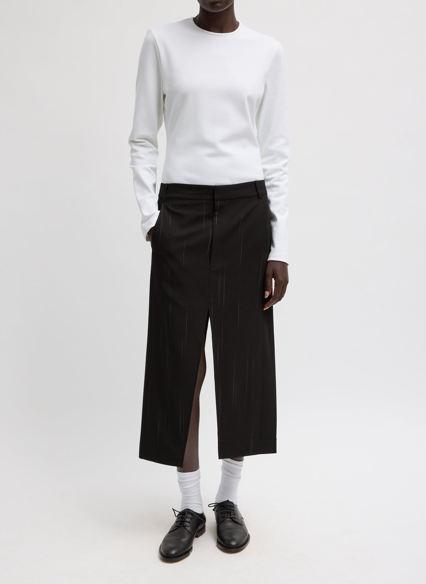 Viscose Suiting Midi Trouser Skirt - front view on model