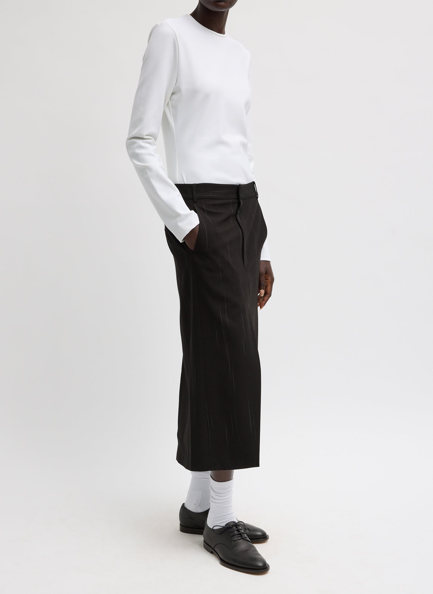 Viscose Suiting Midi Trouser Skirt - side view on model