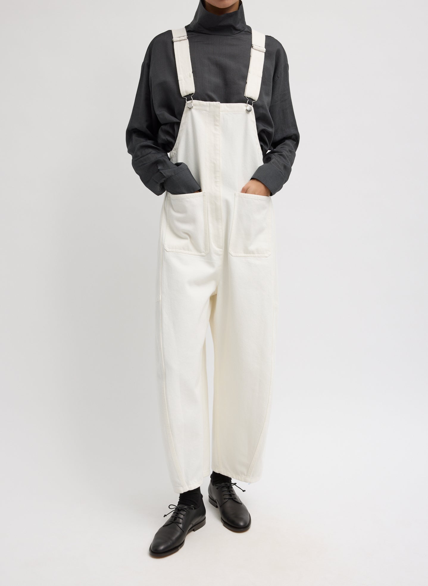 White Denim Jumpsuit - front view on model