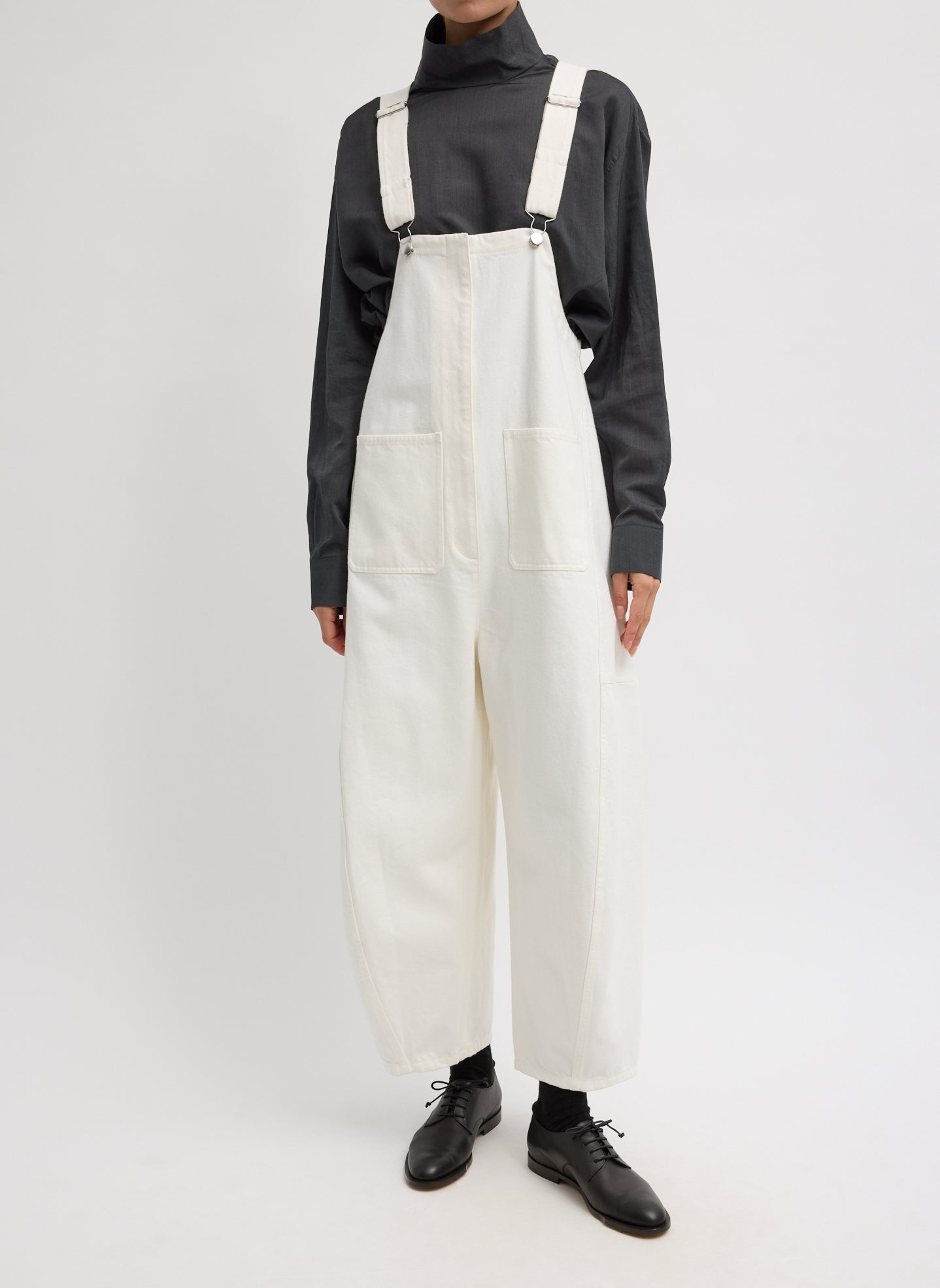 White Denim Jumpsuit - front view on model