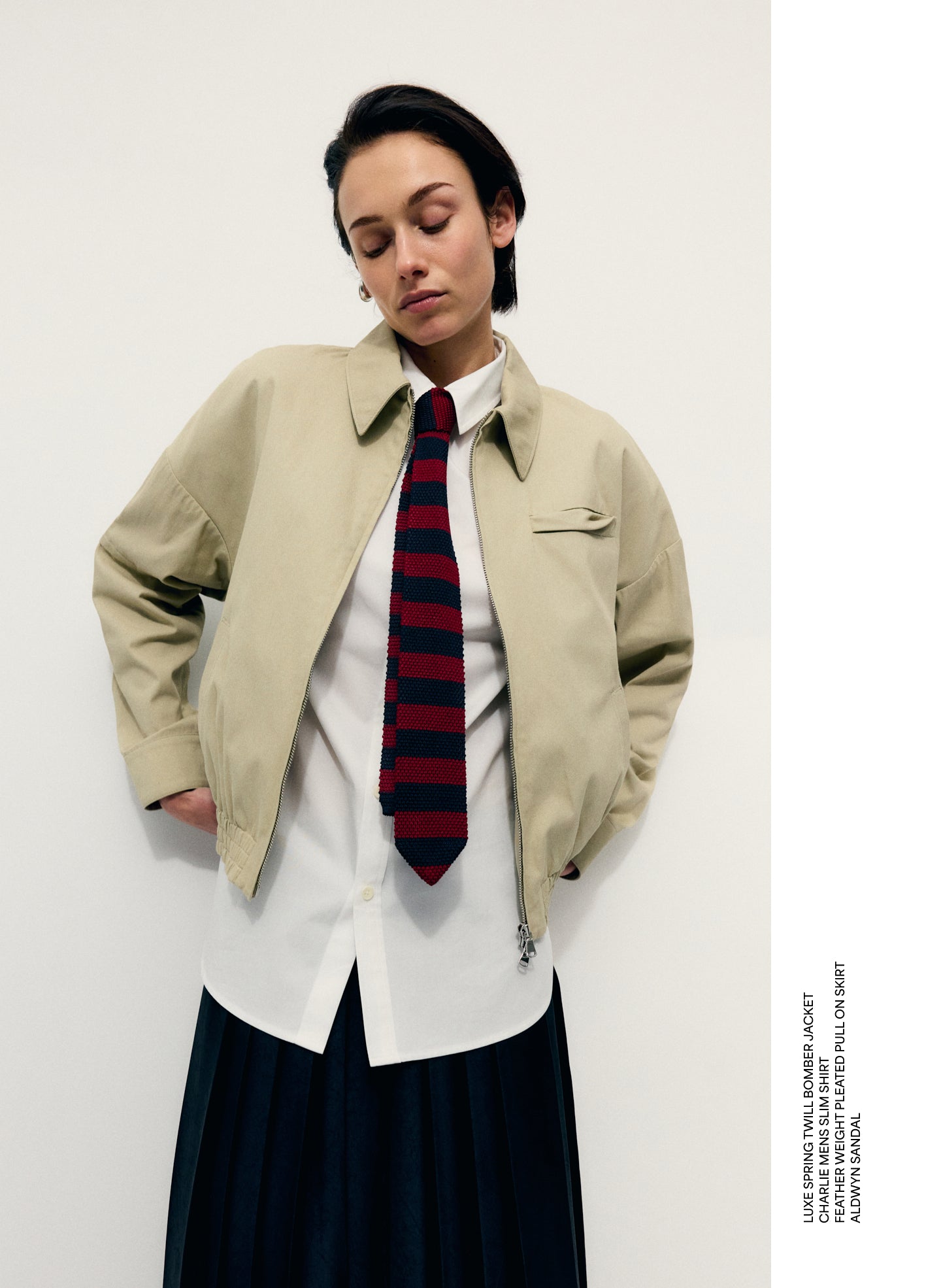 Taupe Luxe Spring Twill Bomber Jacket - editorial image on model