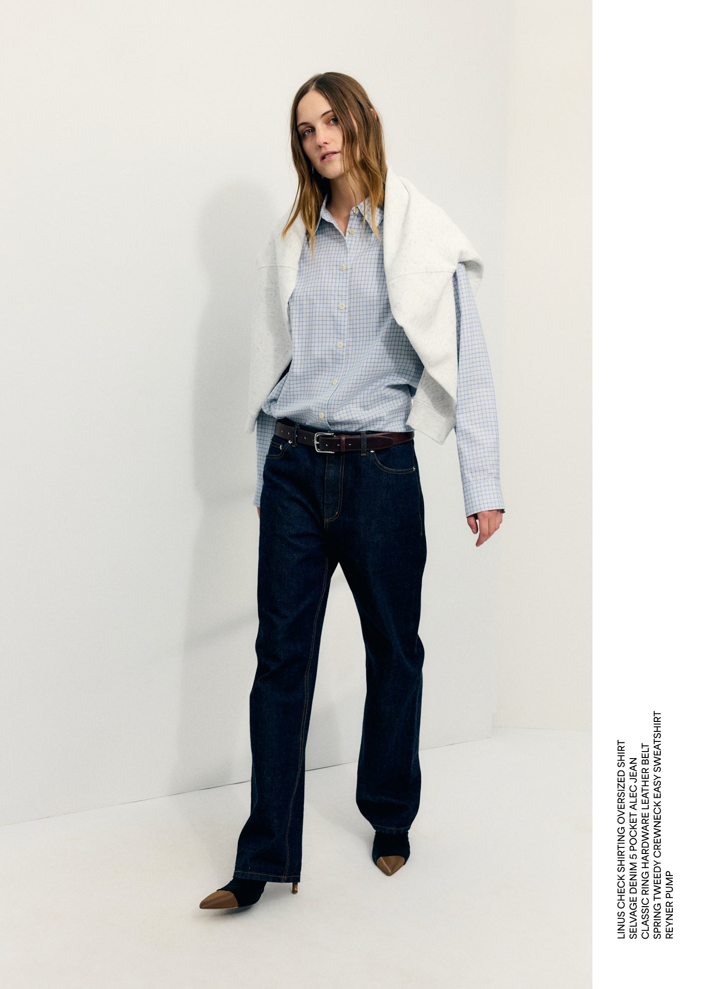 Blue Linus Check Oversized Shirt - editorial image on model