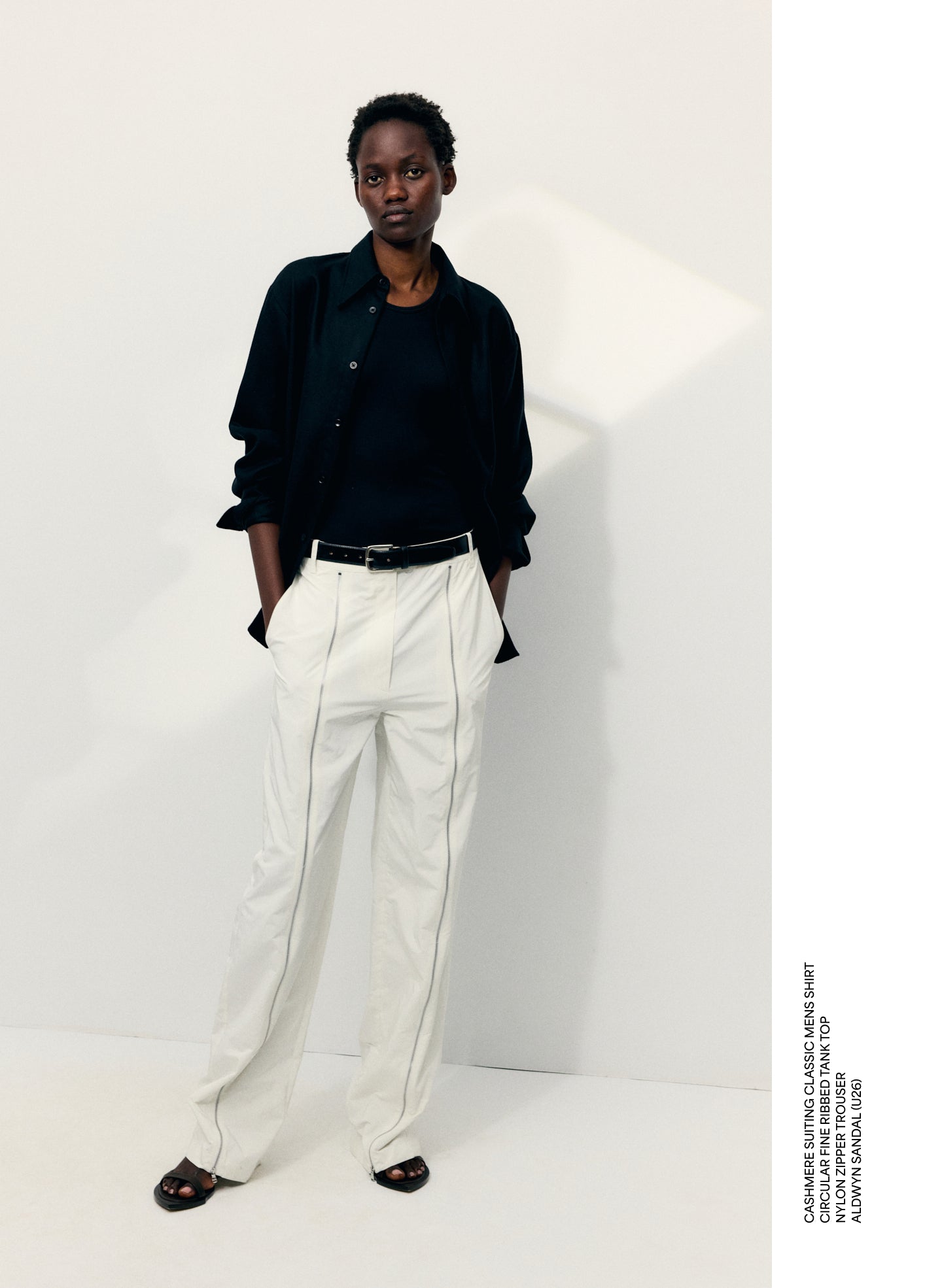 White Nylon Zipper Trouser - editorial image on model