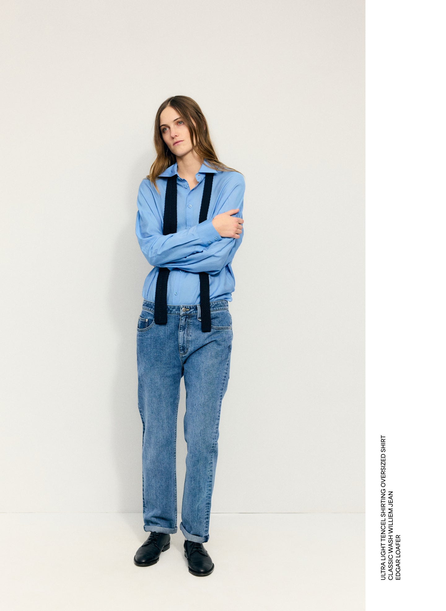 Blue Ultra Light Silk Tencel Oversized Shirt - editorial image on model