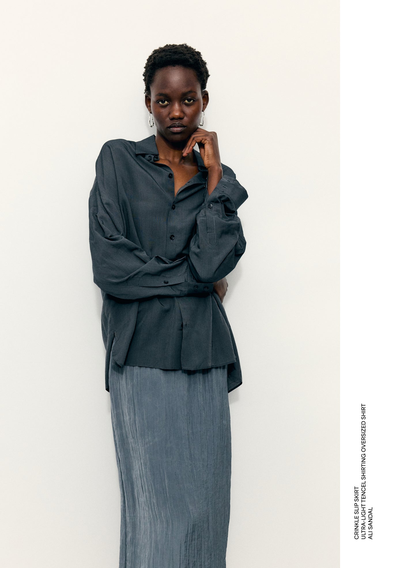 Black Ultra Light Silk Tencel Oversized Shirt - editorial image on model
