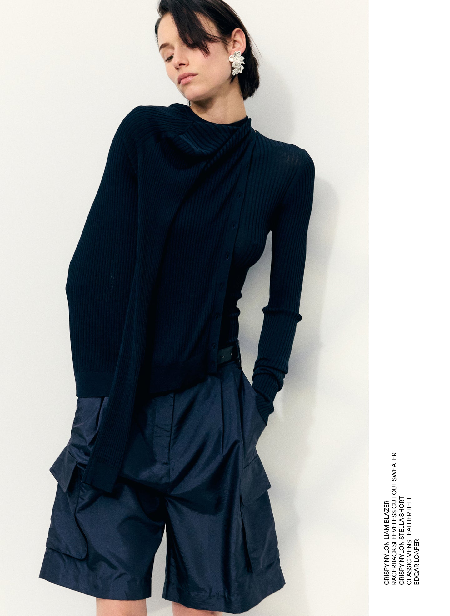 Navy Ribbed Sweater Slim Cardigan - editorial image on model