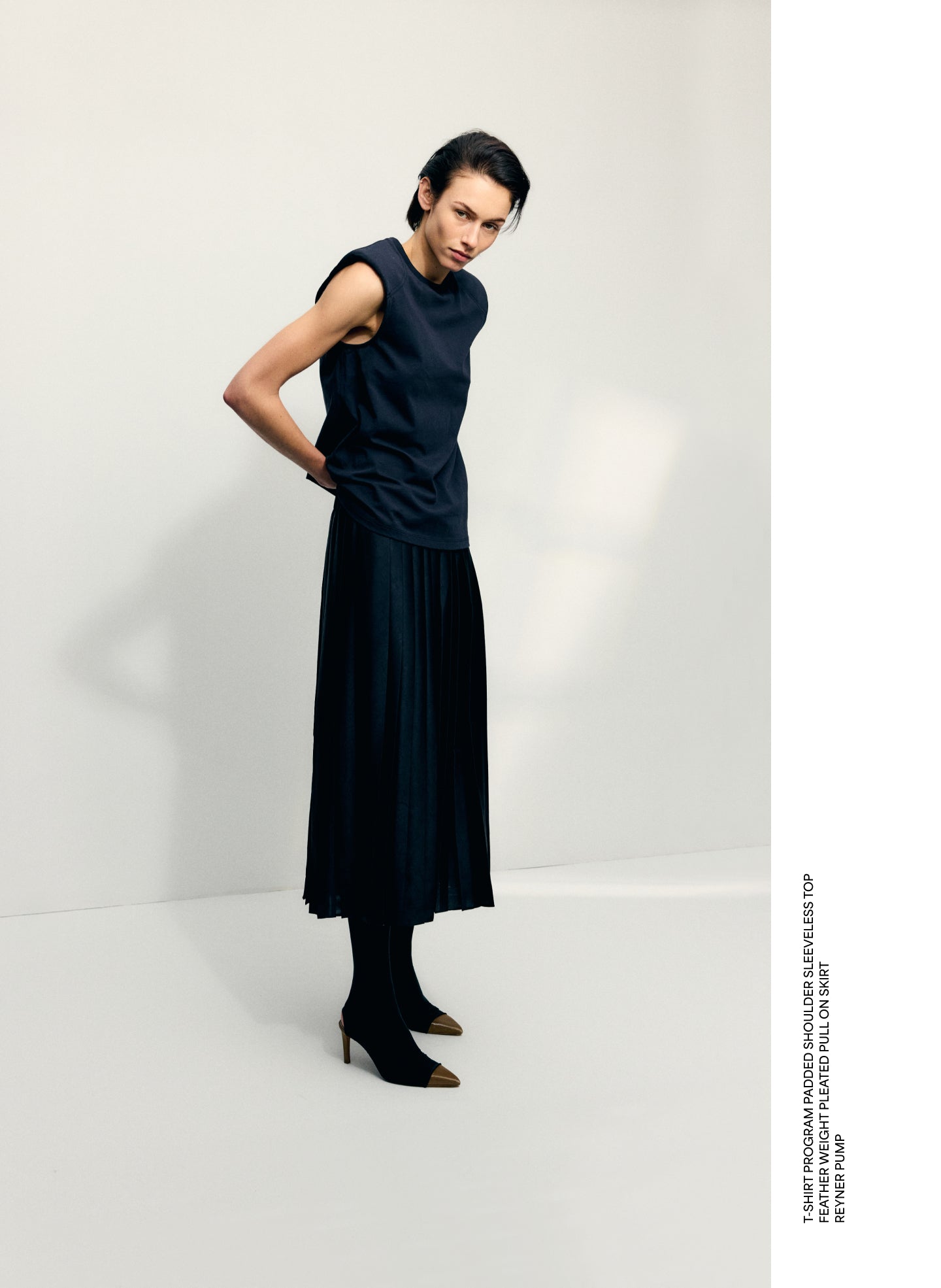 Dark Navy T-Shirt Program Padded Shoulder Sleeveless Top - editorial image on model