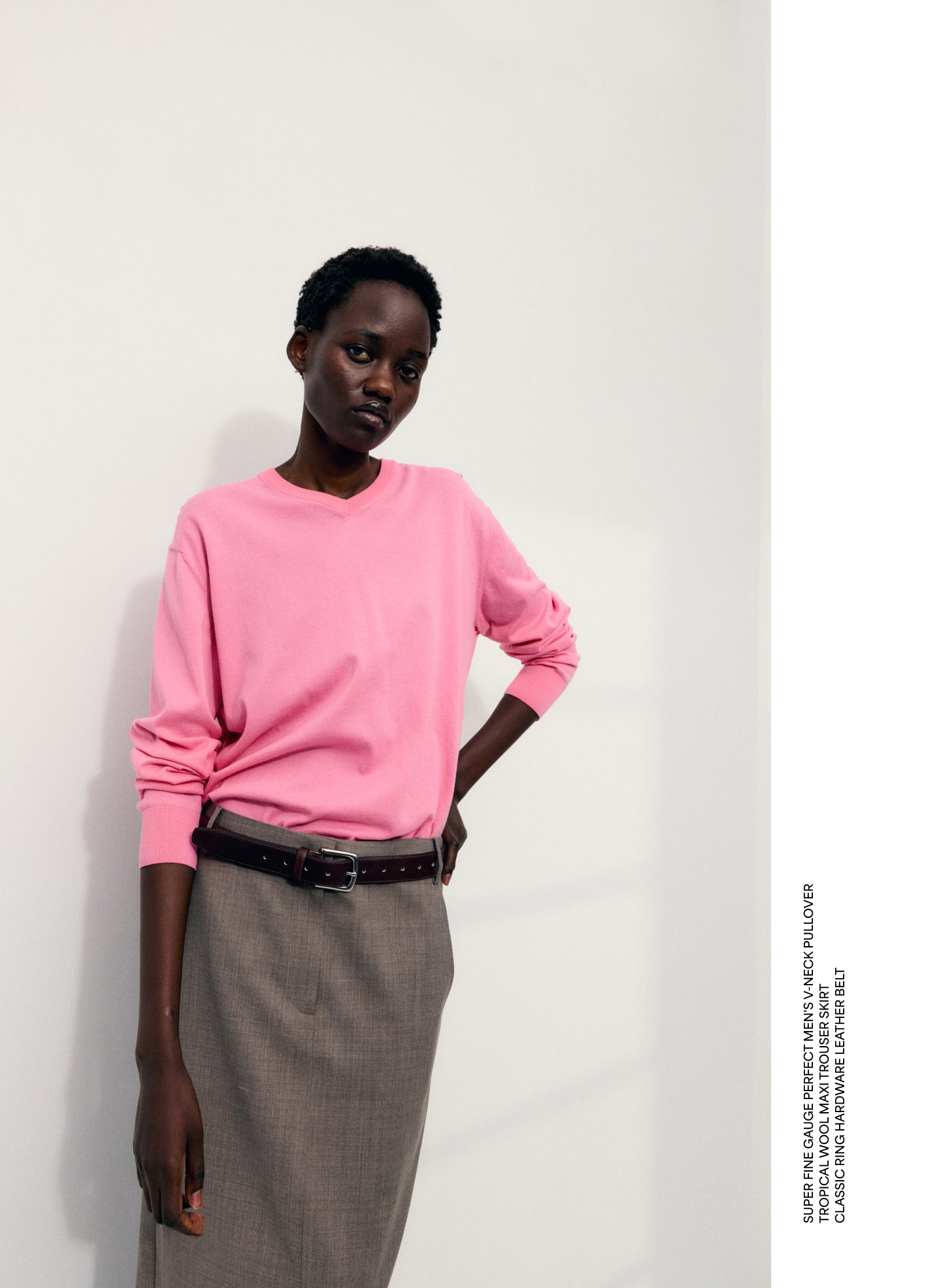 Bubble Gum Pink Super Fine Gauge V-Neck - editorial image on model