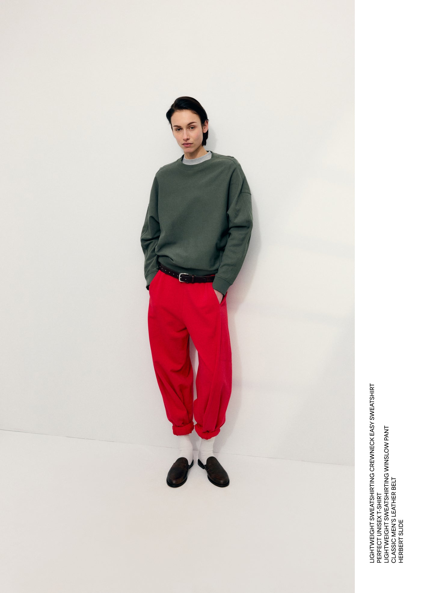 Olive Green Light Weight Sweatshirting Crewneck Sweatshirt - editorial image on model