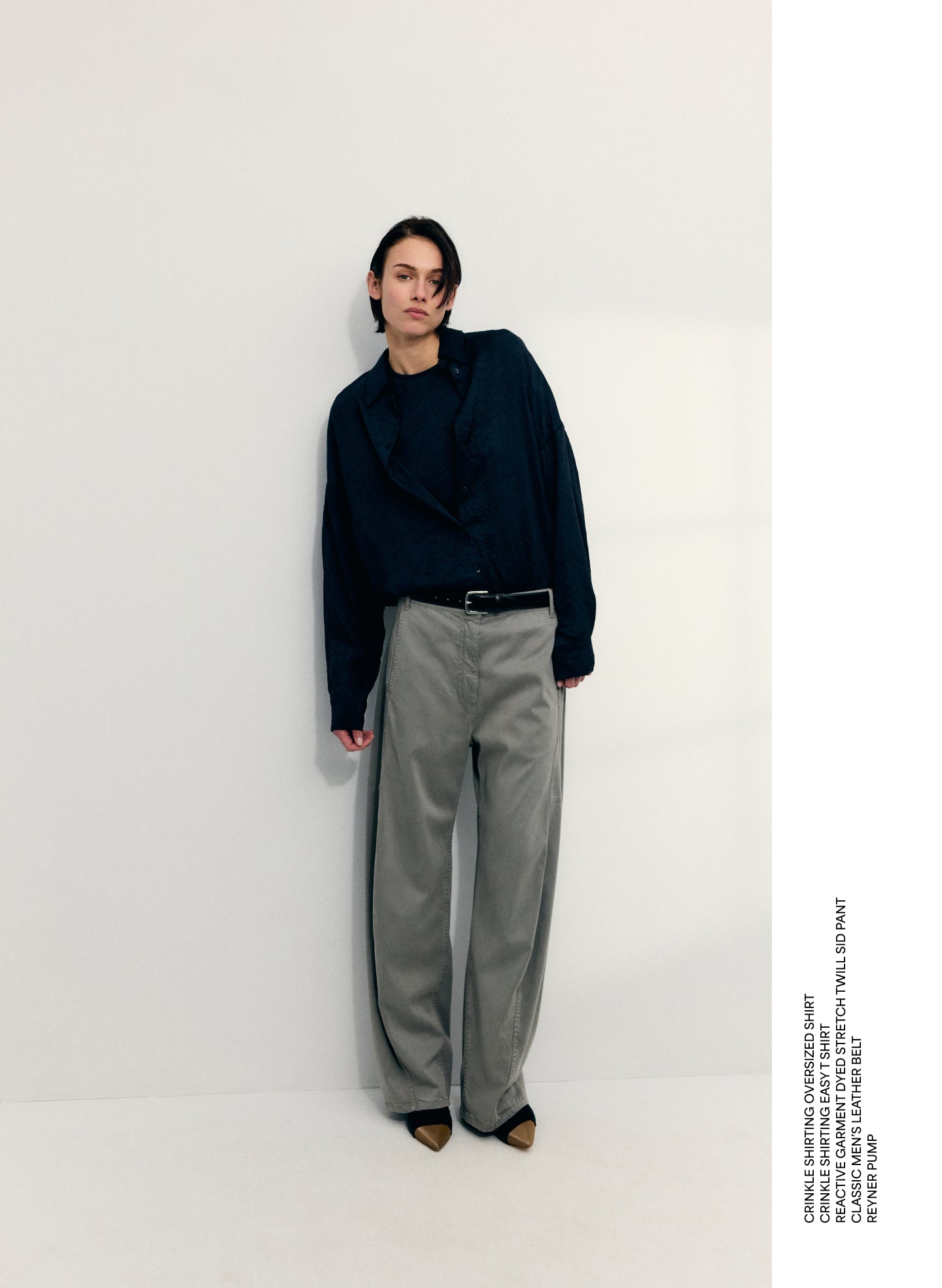 Midnight Navy Oversized Crinkled Button Down - editorial image on model