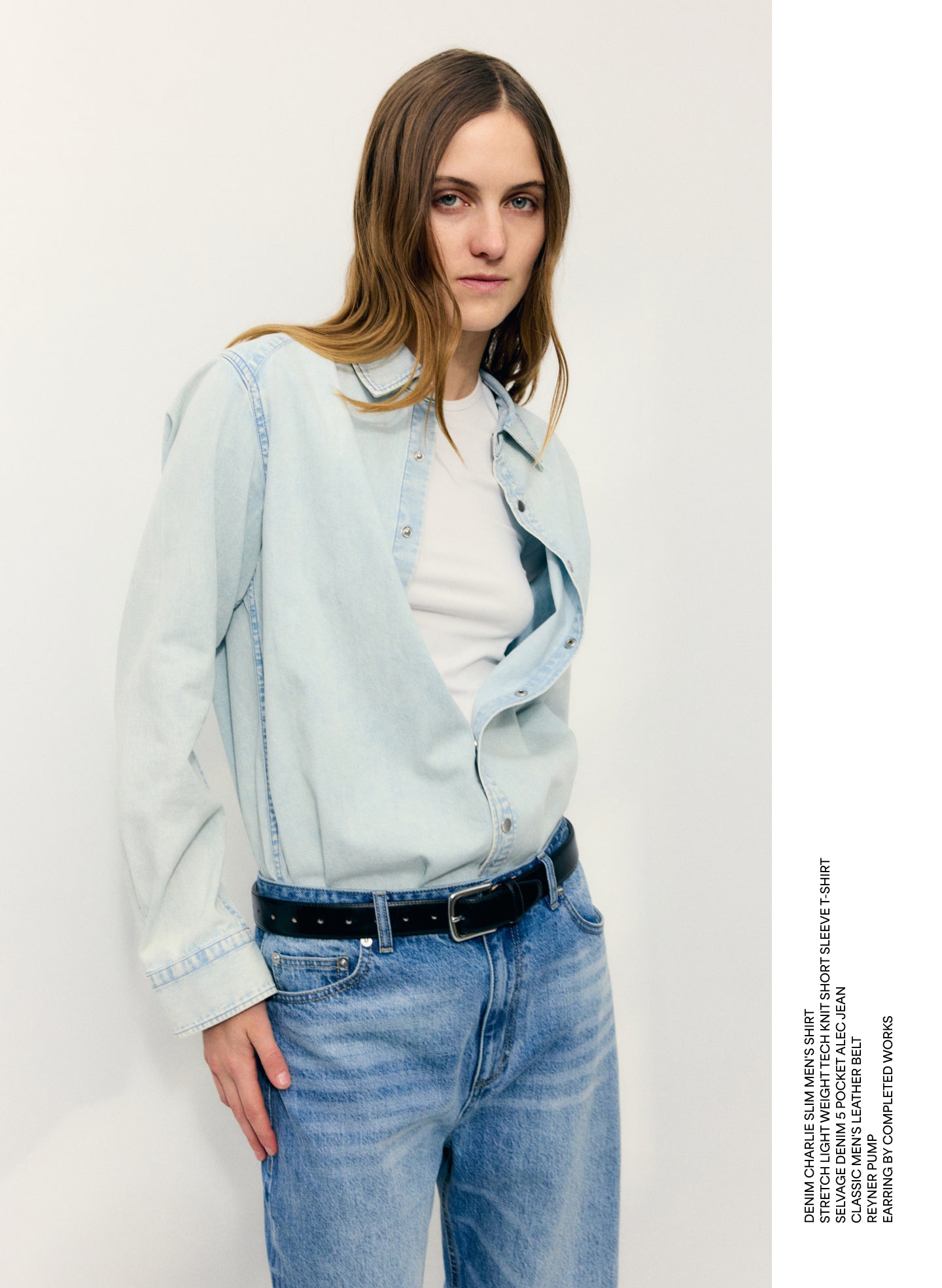 Bleached Denim Shirting Charlie Slim Men's Shirt - editorial image on model