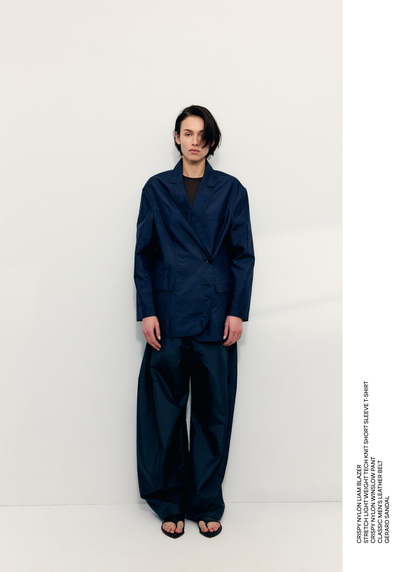 Navy Crispy Nylon Liam Blazer - editorial image on model