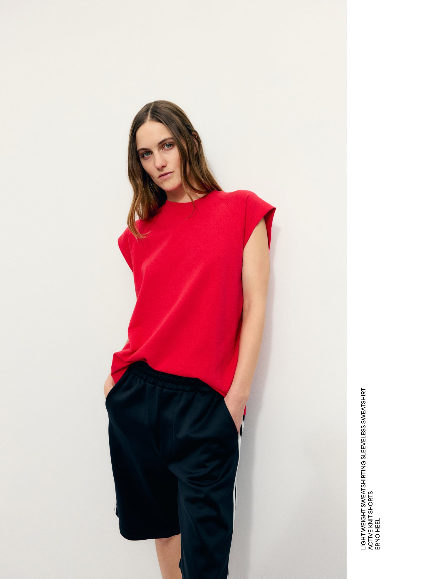 Red Light Weight Sweatshirting Sleeveless Easy Top - editorial image on model